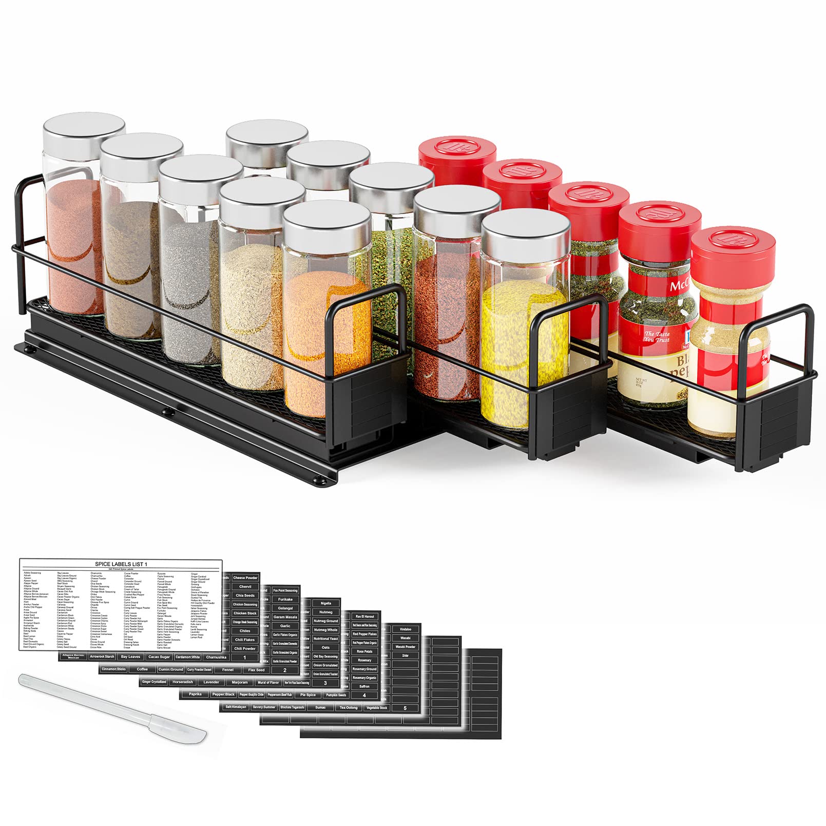 SpaceAid Heavy Duty Pull Out Spice Rack Organizer - 3-Tier Slide Out Cabinet Organizer with Labels (7.7
