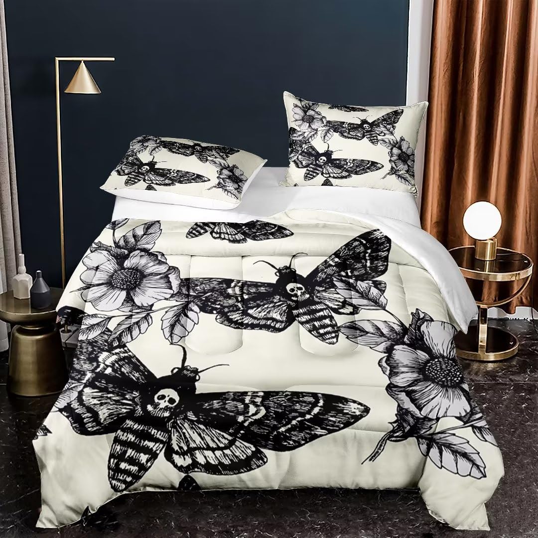 Kxry Gothic Skull Moth Comforter Set - Queen Size Death Moth Floral Bedding with Skeleton Bones Design (1 Comforter + 2 Pillowcases) for Teens, Boys & Girls - Perfect for Gothic Bedroom Decor & Halloween Themed Rooms