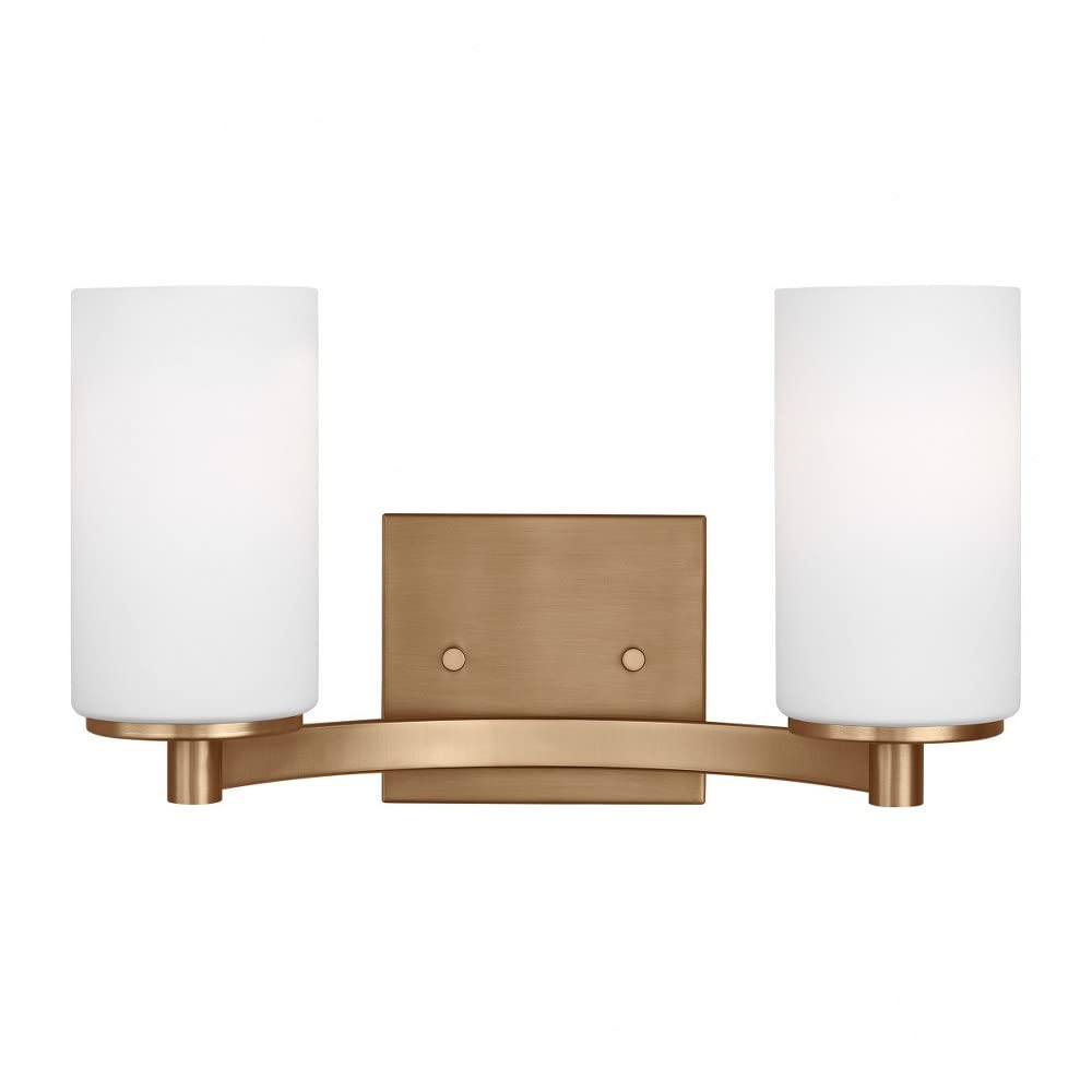 Generation Lighting 2-Light Hettinger Bath Wall Sconce in Satin Brass (Model 4439102-848) - Title 24 Compliant Bathroom Light Fixture for Vanity & Mirror Lighting - Works with LED/Standard Bulbs - Perfect for Modern Bathroom & Powder Room Decor