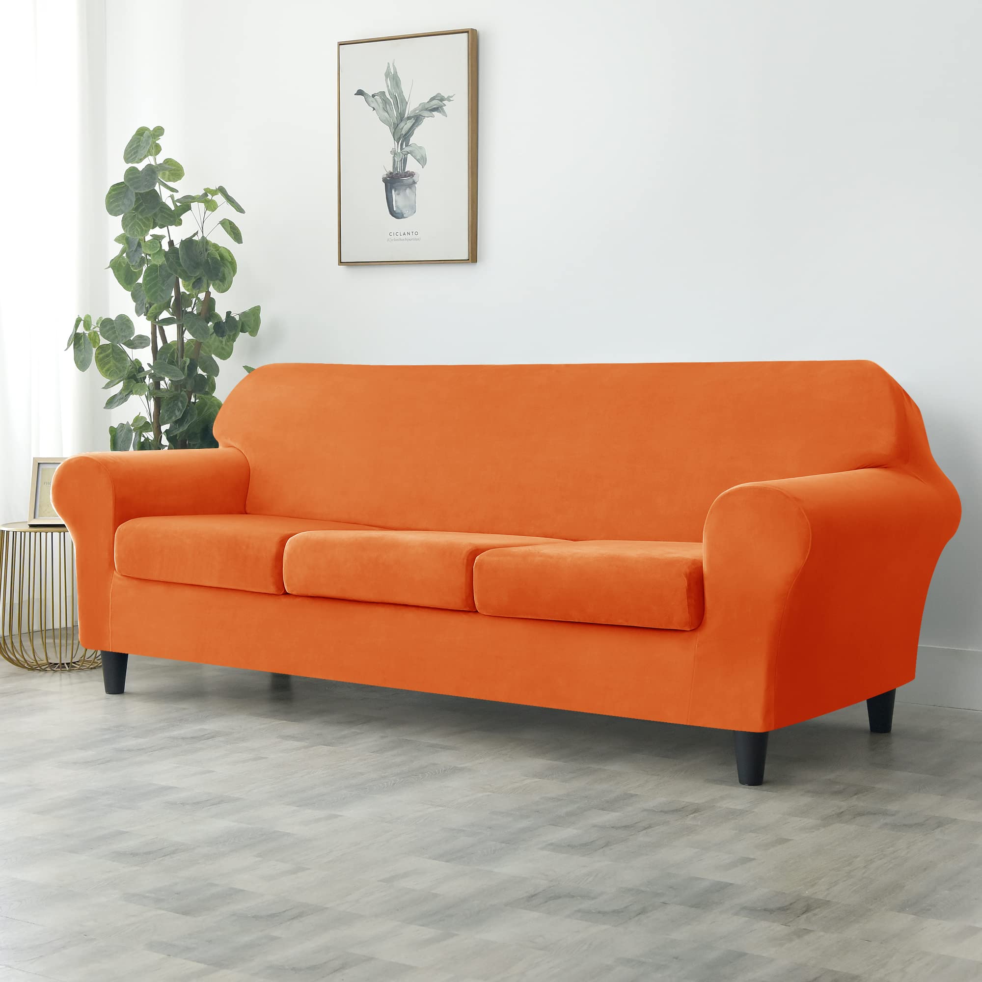 Ultra Soft Velvet Stretch Sofa Slipcover - Large Orange Couch Cover for Pets & Kids | Furniture Protector for Living Room, Family Room & Dorm