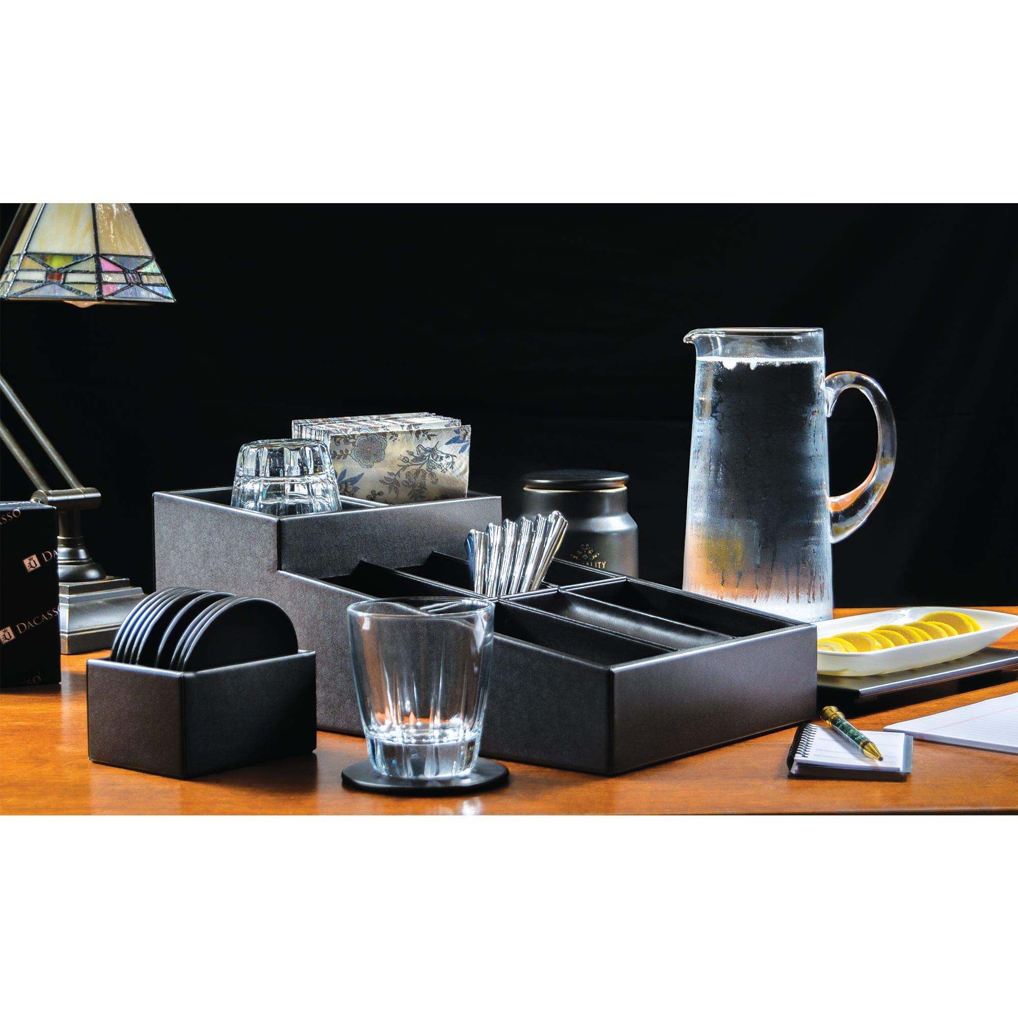 Premium Dacasso Leather Coffee Condiment Organizer - Black | Spice Rack & Kitchen Countertop Organizer for Coffee, Tea, Sugar Packets | Perfect for Home, Office & Restaurant Use