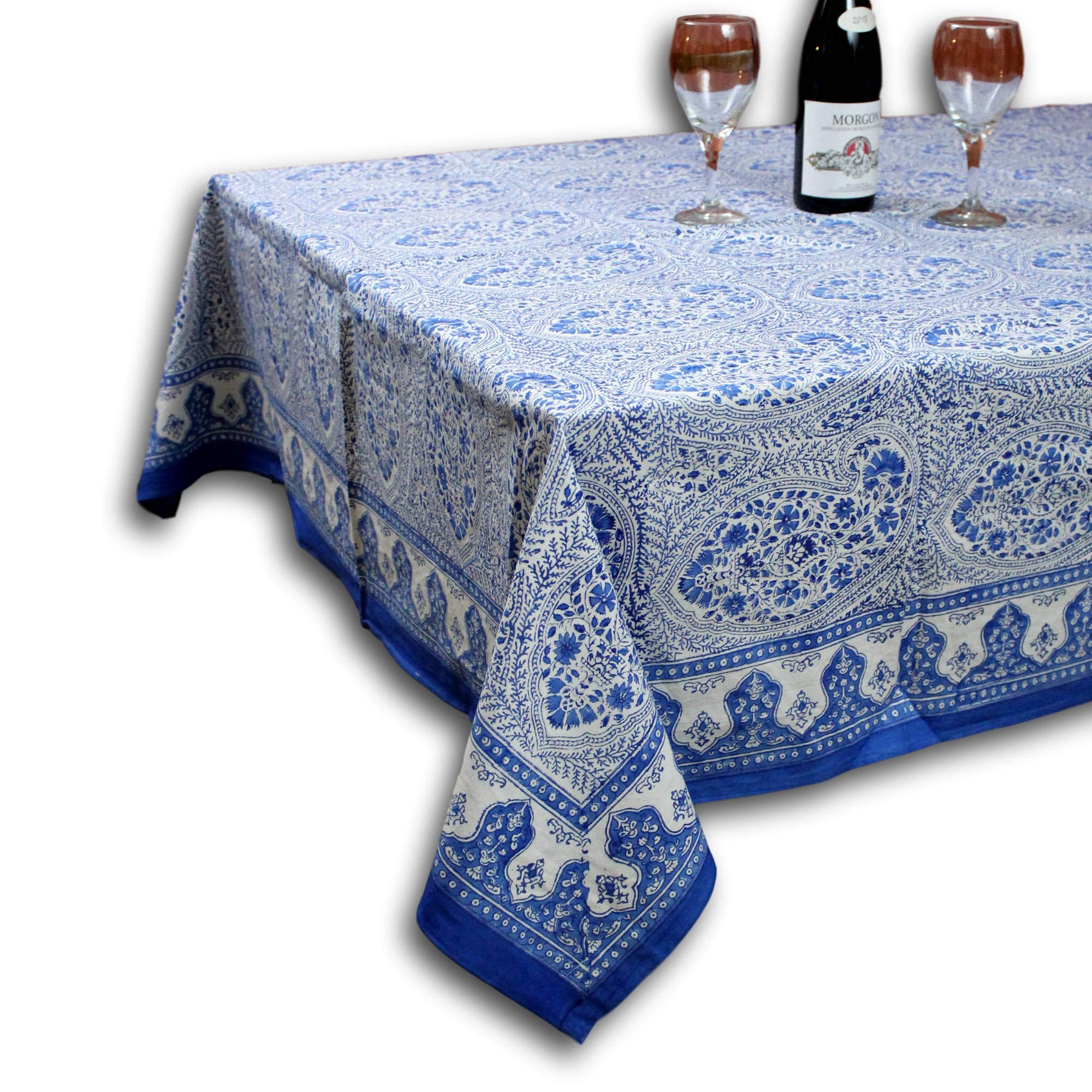 Handmade Cotton Floral Paisley Tablecloth - Blue & White Block Print Square Table Cover (60x60 Inches) | Perfect for Dining Room Decor, Outdoor Picnics & Special Occasions
