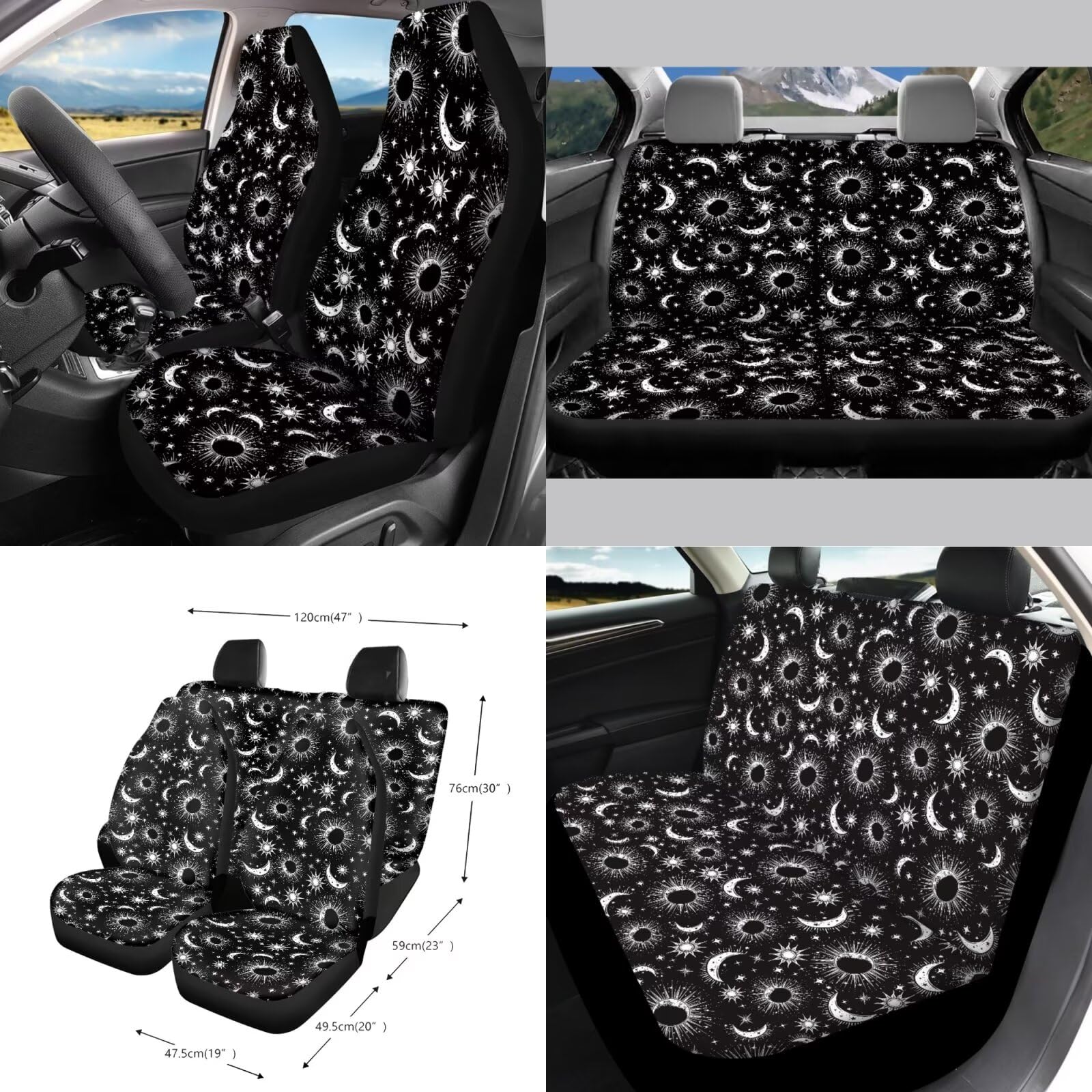 15-Piece Sun Moon Star Print Car Seat Cover Set with Steering Wheel Cover, Seat Belt Pads, Cup Coasters & More - Universal Fit for Cars, SUVs & Trucks - Stylish Auto Interior Decor for Daily Commute & Road Trips