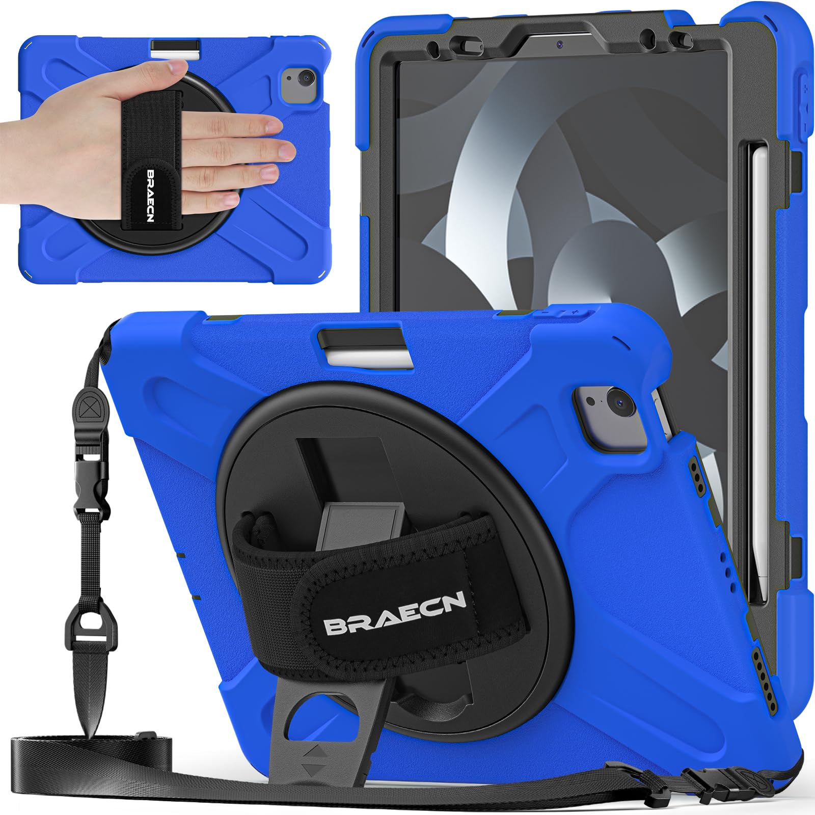 Premium Shockproof iPad Air 5th/4th Gen & iPad Pro 11 Case - 10.9 Inch Protective Cover with Rotating Hand Strap, Stand, Pencil Holder & Screen Protector (Blue) - Perfect for Kids, Travel & Home Use