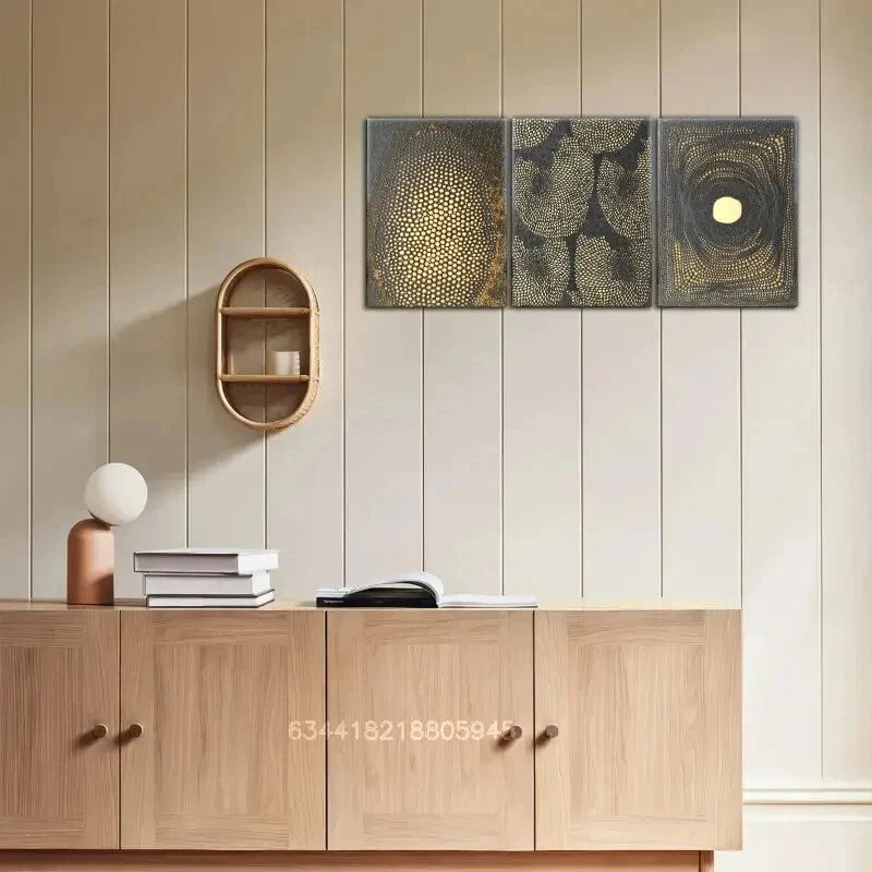 3-Piece Golden Dots Abstract Art Metal Print - Modern Wall Decor for Living Room, Bedroom & Office - Ready to Hang Framed Poster Set for Home & Office Decor