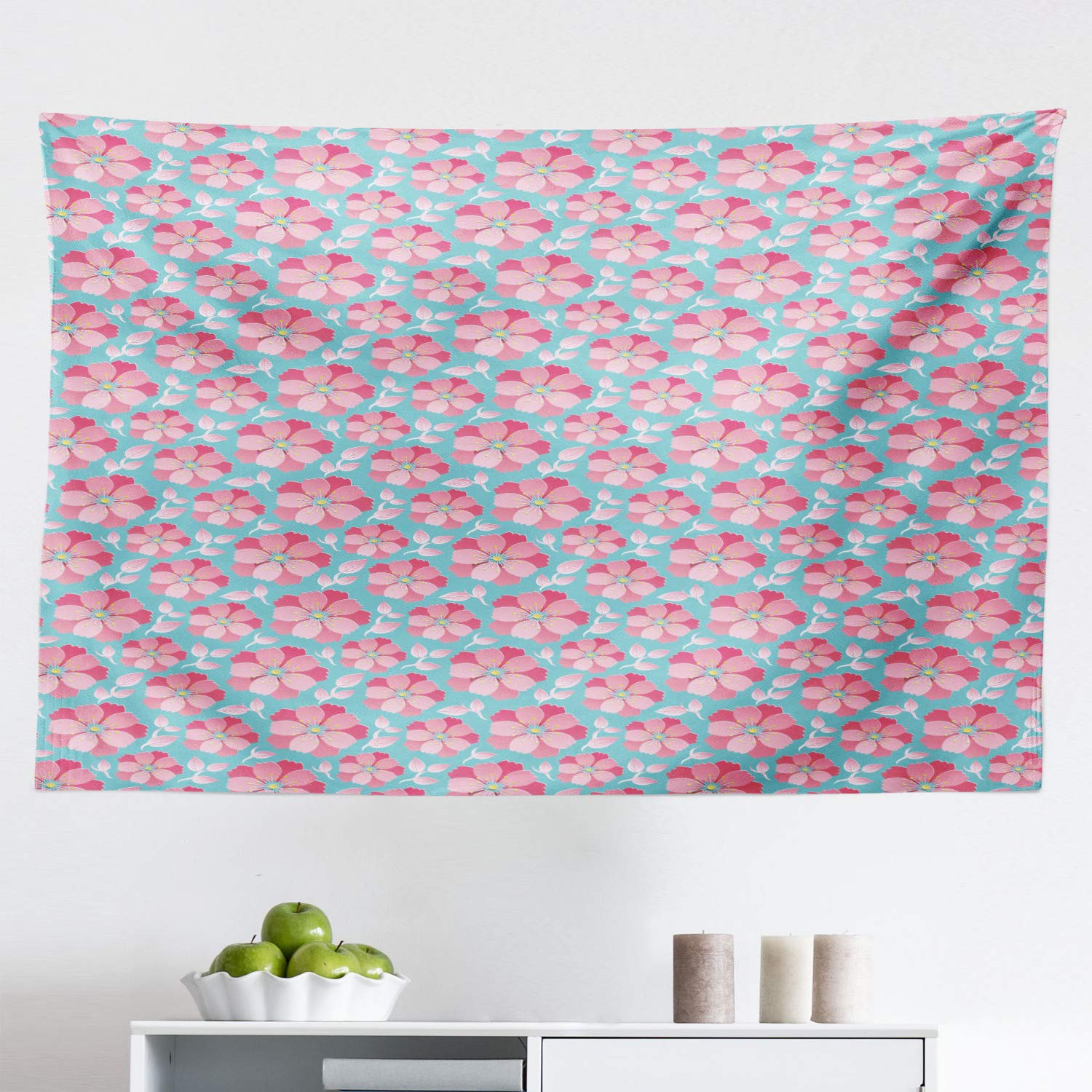 Ambesonne Blue and Pink Floral Tapestry - Abstract Petals Leaves Wall Hanging Decor for Bedroom, Living Room, Dorm - 45x30 Inch Bohemian Home Decor - Perfect for Meditation Spaces & Cozy Reading Nooks