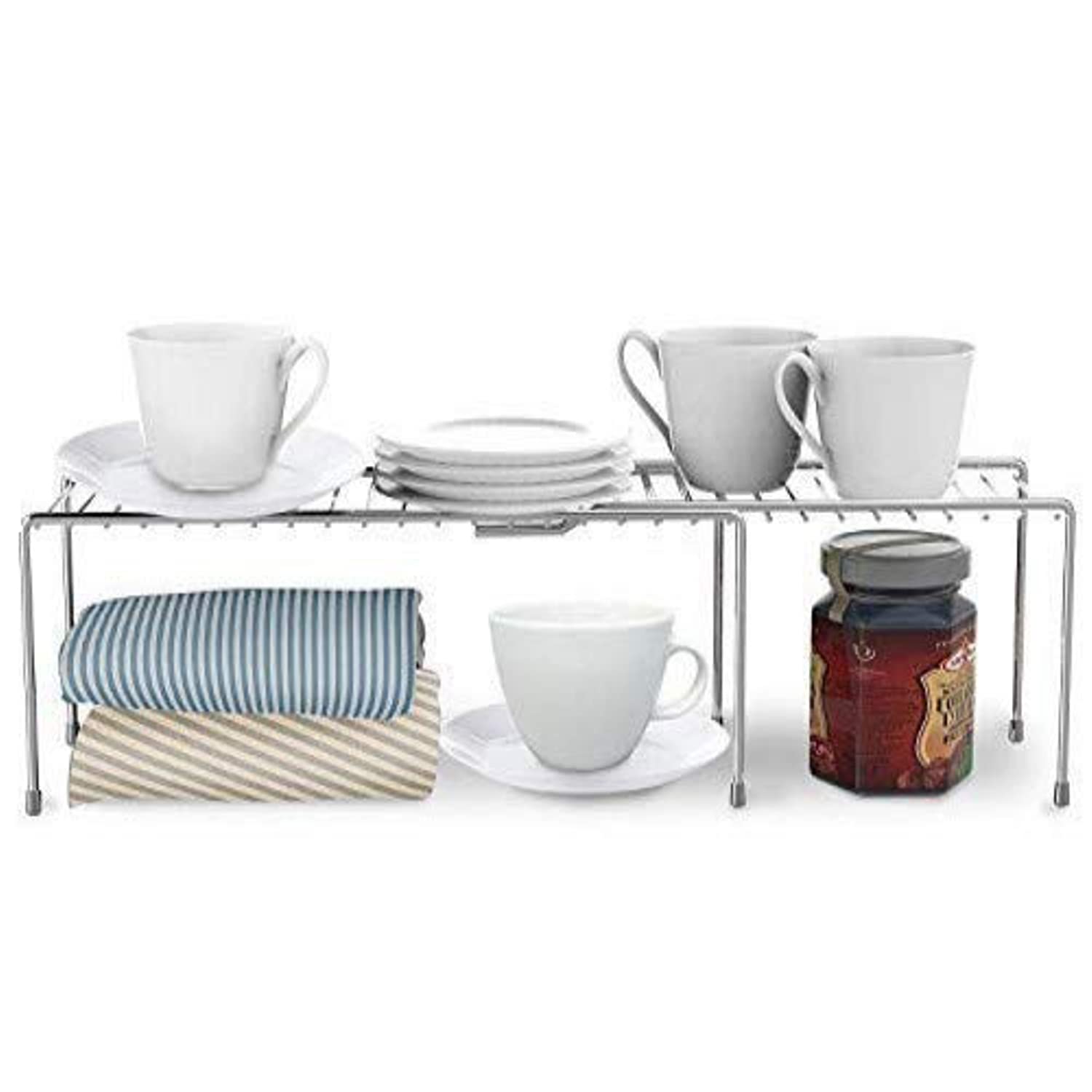 ROLLYWARE Expandable Metal Kitchen Storage Rack - Sturdy Space-Saving Shelf Organizer for Cabinets, Pantry & Countertops (Silver) | Perfect for Organizing Spices, Utensils & Cookware