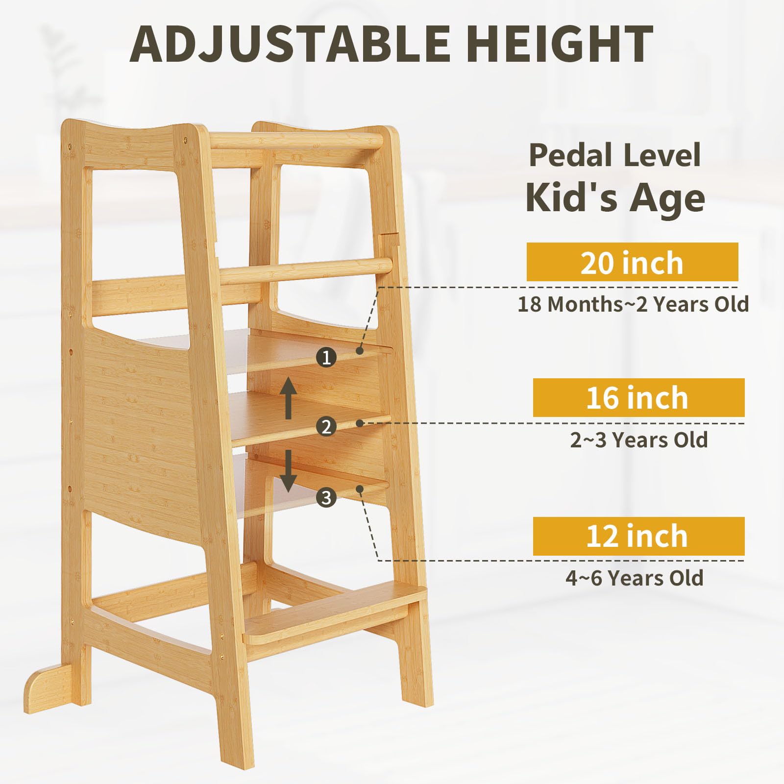 **Adjustable Toddler Step Stool with Safety Rail - 3 Height Levels, Wide Platform Learning Tower for Kids - Perfect for Kitchen, Bathroom & Playroom**