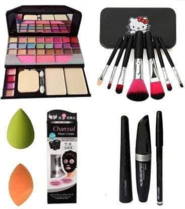 Zaduhik TYA Fashion 6155 Professional 14-Piece Makeup Kit - 7 Black Makeup Brushes, Charcoal Peel-Off Mask, 3-in-1 Eyeliner Mascara Eyebrow Pencil, 2 Multicolor Beauty Blenders | Perfect for Travel, Bridal & Everyday Makeup Looks