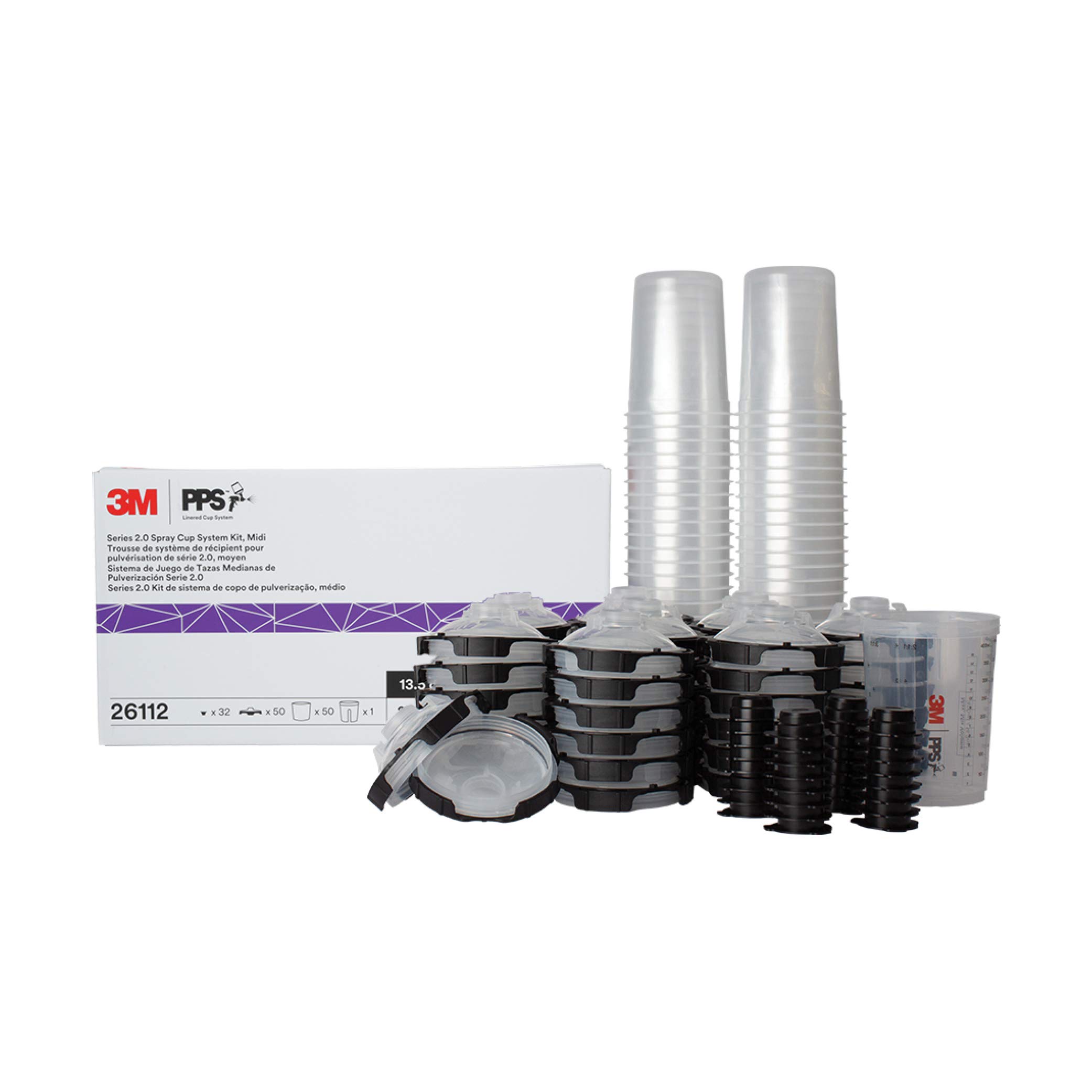 3M PPS 2.0 Spray Gun Cup System Kit - 13.5oz Midi Size with 200-Micron Filter, Includes 1 Paint Cup, 50 Disposable Lids & Liners, 32 Sealing Plugs (Model 26112) - Perfect for Automotive Painting, Furniture Refinishing, Home DIY Projects & Professional Spray Painting Applications