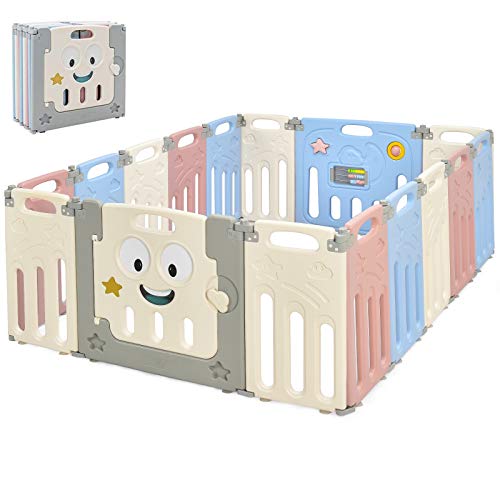 Costzon 16-Panel Foldable Baby Playpen with Locking Door & Anti-Slip Bases - Adjustable Safety Play Yard for Toddlers Indoor & Outdoor Use - Perfect for Playtime, Naptime & Childproofing (Multicolor)