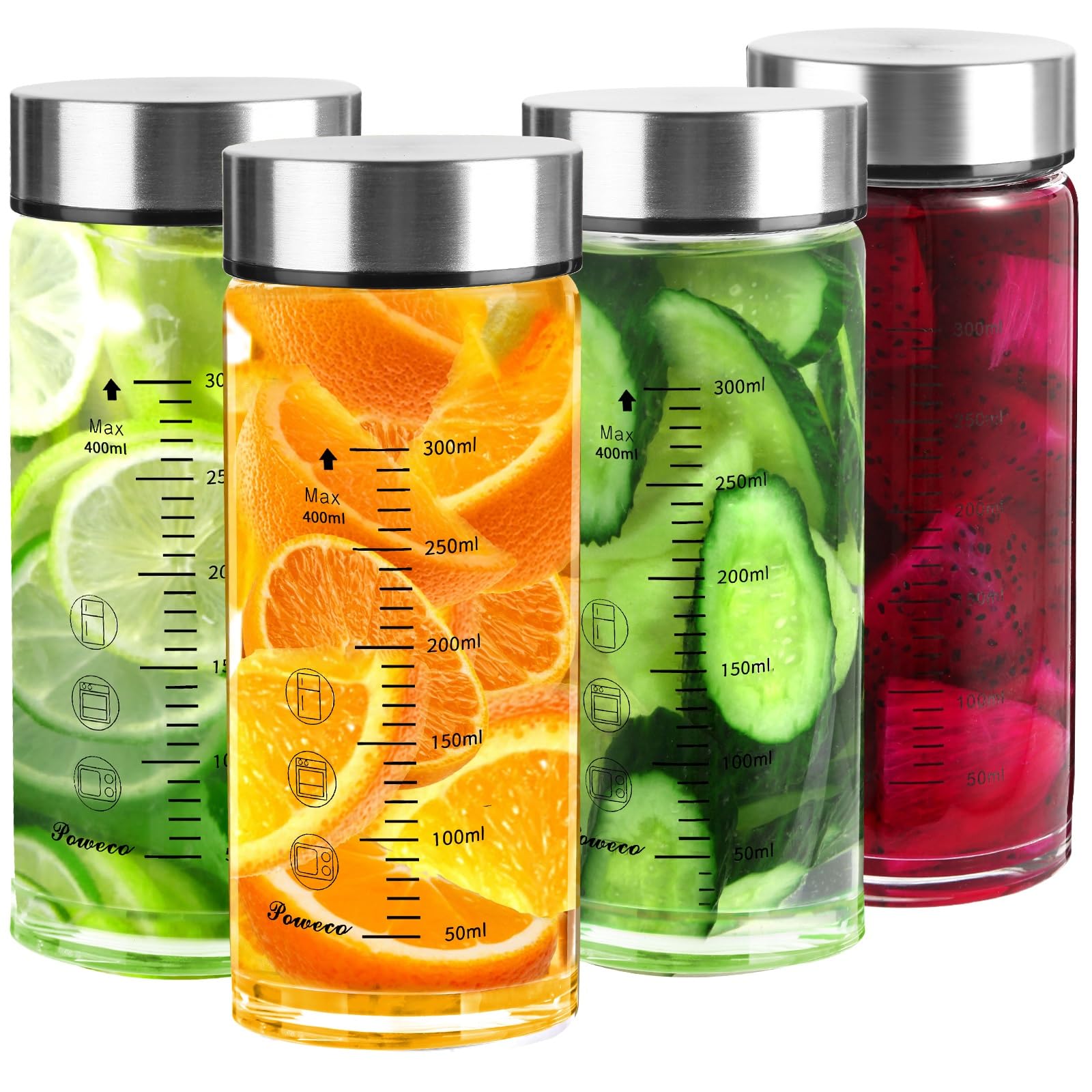 4 Pack 12oz Glass Juice Bottles with Lids - BPA Free Wide Mouth Reusable Water Bottles for Smoothies, Protein Shakes & Milk - Stainless Steel Lids Perfect for Blending, Juicing & Gym Use (400ml)