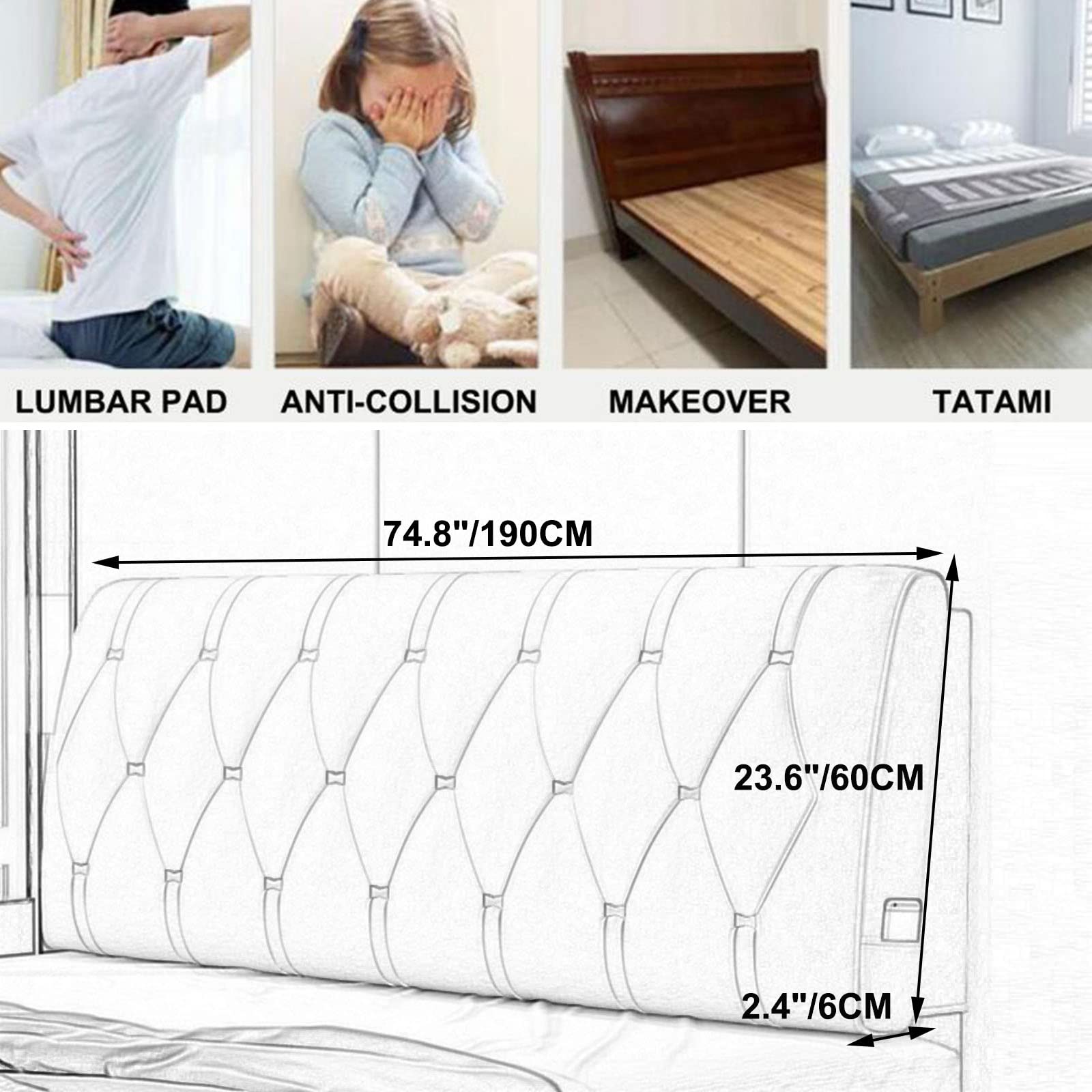 Rectangular Headboard Cushion - 190cm Long Body Support Pillow with Removable Cover - Soft Bolster Backrest for Reading, Sleeping & Relaxing - Perfect for Beds, Sofas & Tatami Mats (No Headboard Needed)