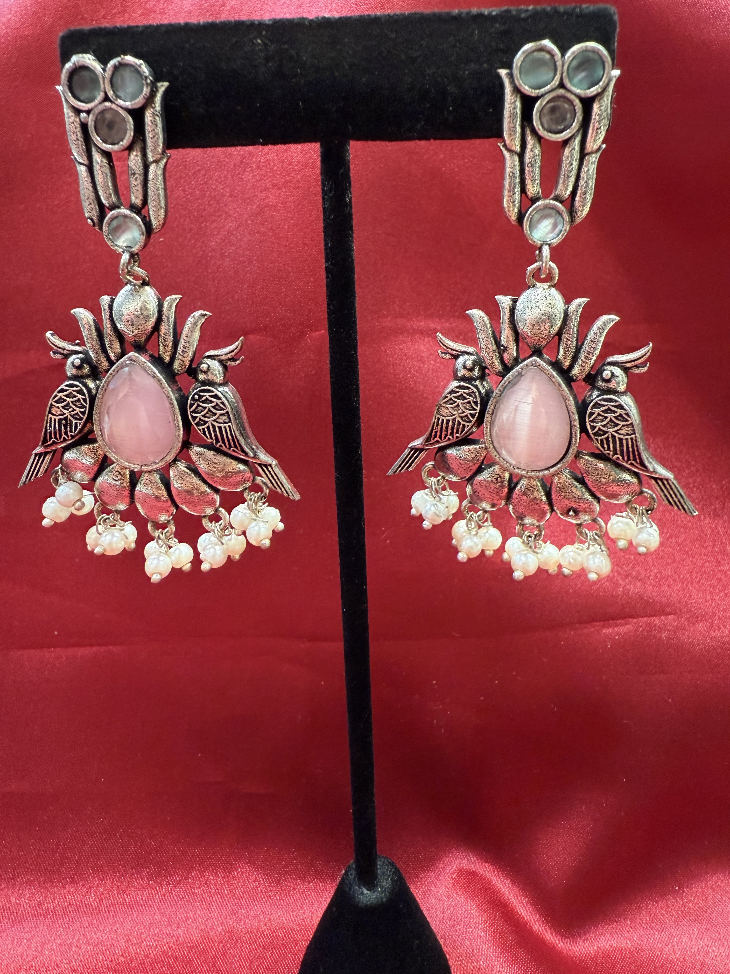 Elegant Light Pink Stone Bird Design Oxidized Beaded Earrings for Women - Boho Chic Jewelry Gift for Party, Wedding & Everyday Wear