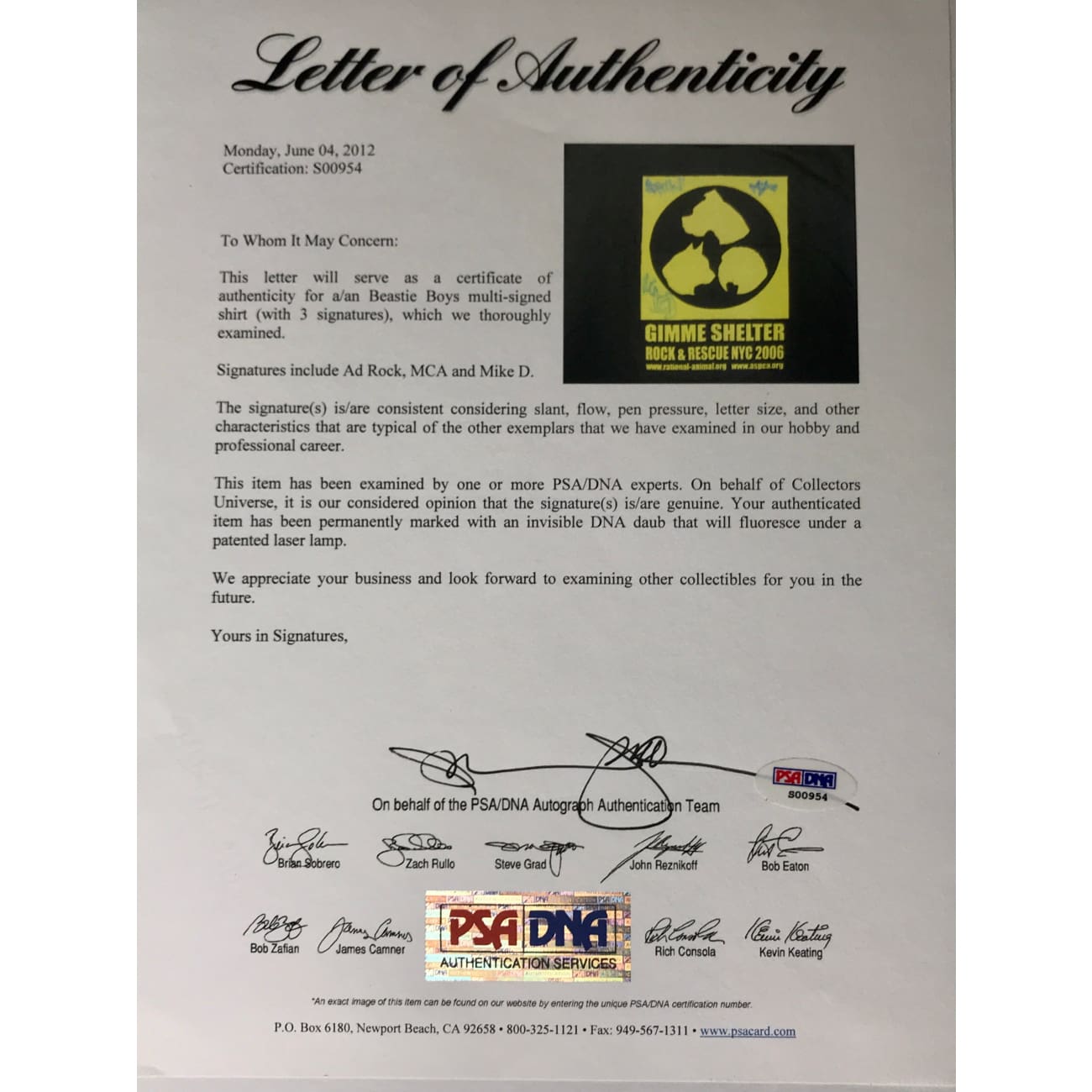Beastie Boys Animal Rescue Signed T-Shirt by Ad Rock, MCA & Mike D with PSA COA - Vintage Band Merch for Music Fans & Collectors