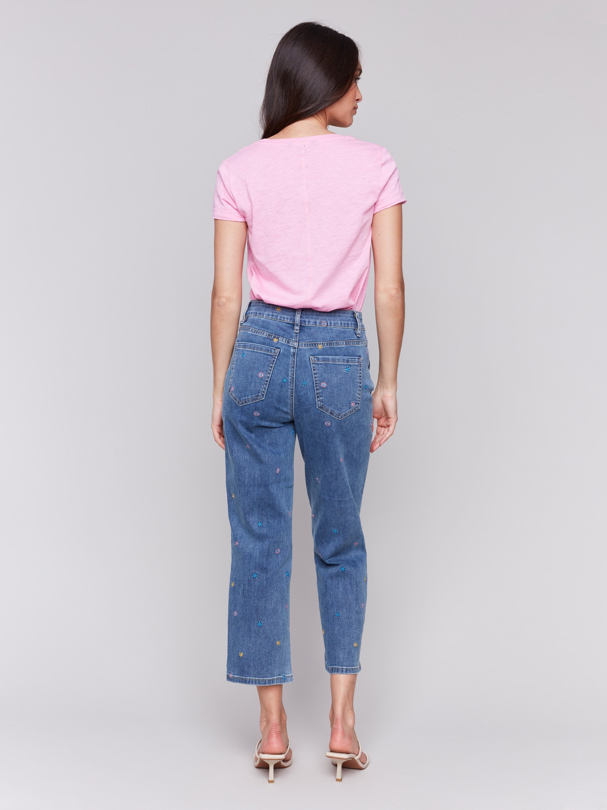 Embroidered Cropped Utility Pocket Jeans for Women - Medium Blue Wash Distressed Denim Pants | Casual Streetwear, Outdoor Adventures & Everyday Comfort