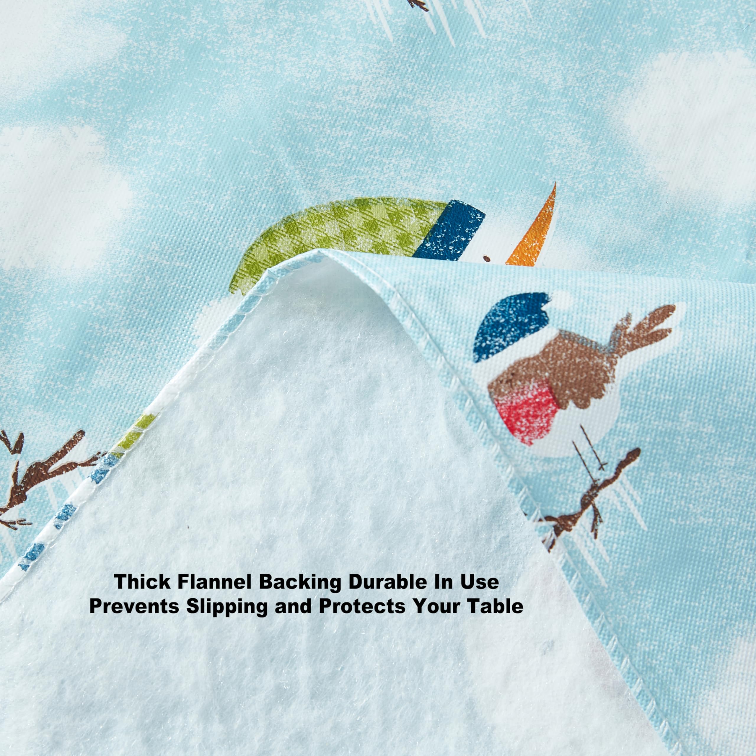 Newbridge Blue Snowman Print Flannel Back Vinyl Christmas Tablecloth – Cute Snowmen in Sweaters & Scarves Holiday Decor, 52x52 Inch Square Wipe-Clean Table Cover for Winter Parties & Family Gatherings