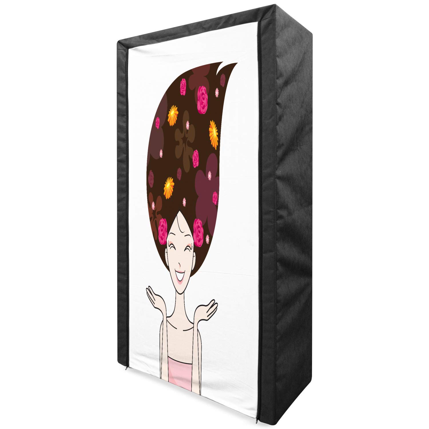 Ambesonne Portable Fabric Wardrobe for Hair Salon - Anime Inspired Happy Face Woman with Floral Hair Design, 33.5 Inch Multicolor Clothing Organizer with Shelves | Perfect for Salon Storage, Bedroom Closet Organization & Small Space Saving Solution