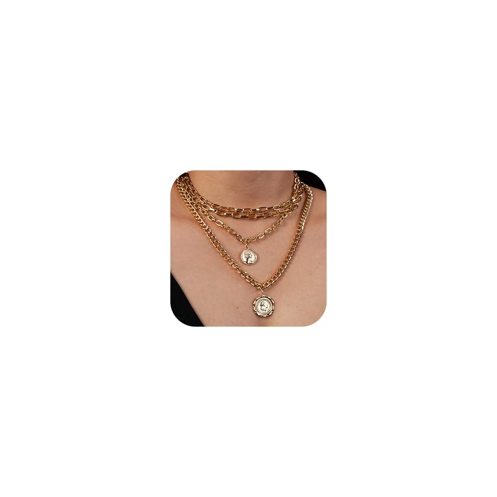 Missgrace 4-Tier Boho Women's Dainty Chunky Coin Layered Choker Necklace - Trendy Multilayered Jewelry for Women - Perfect for Festivals, Parties & Everyday Boho Style