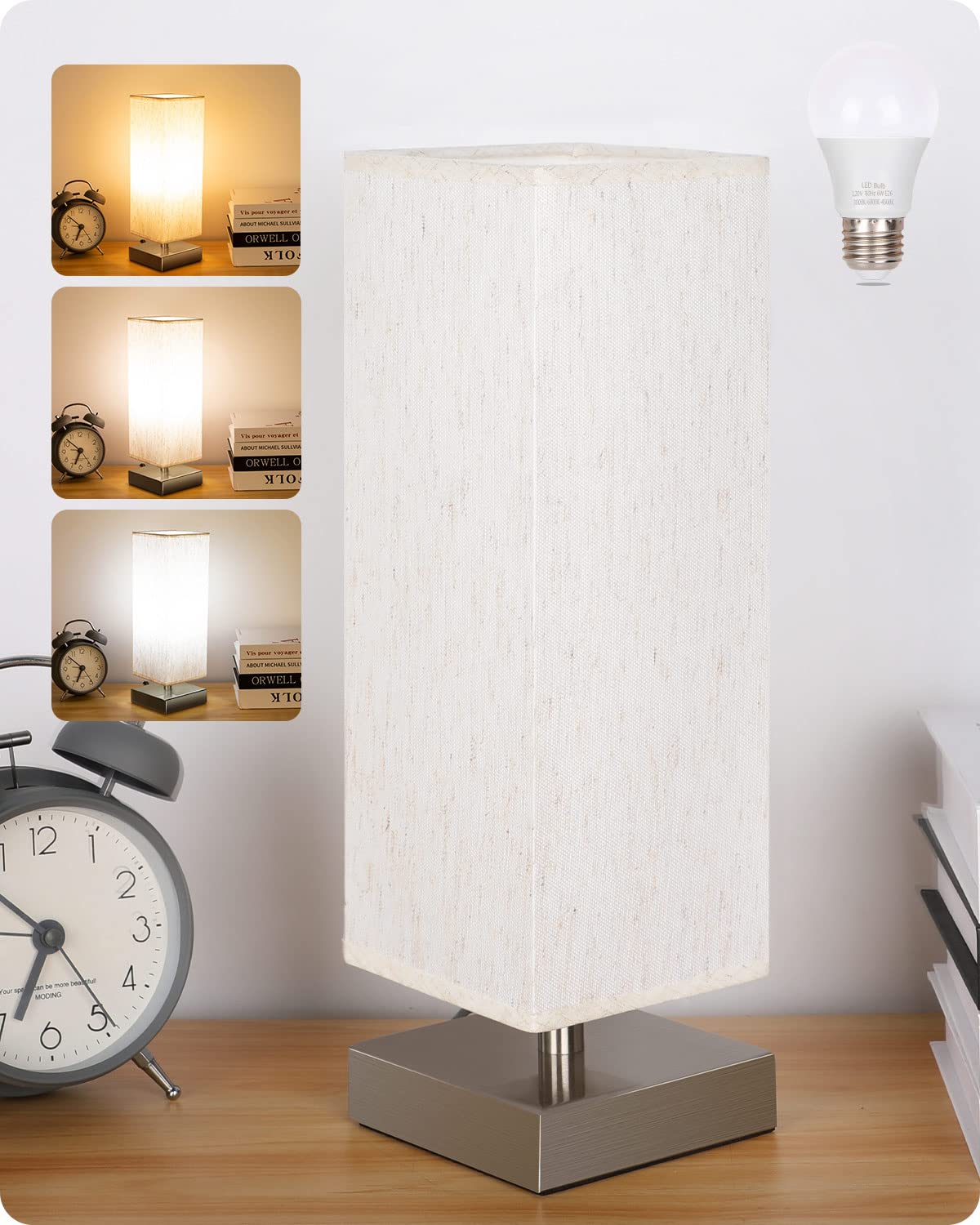 Modern Bedside Table Lamp - 3-Color Adjustable LED Nightstand Lamp with Brushed Nickel Metal Base & Fabric Shade - Perfect for Bedroom, Living Room, Office & Dorm (LED Bulb Included) - Ideal for Reading, Relaxing & Nighttime Use