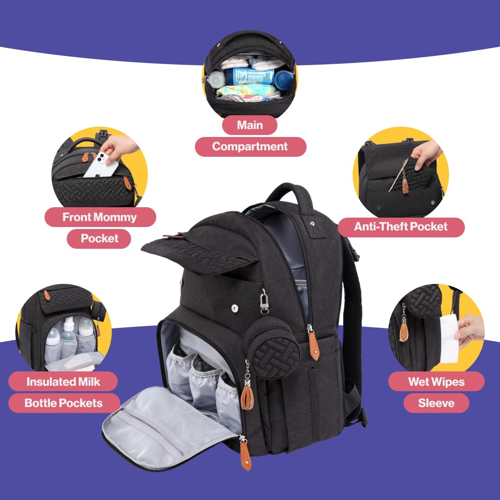 BabbleRoo Waterproof Diaper Bag Backpack for Travel - Multifunctional Baby Carrier with Changing Pad, Pacifier Case & Stroller Straps - Unisex Black Backpack for Parents, Daycare & Family Outings