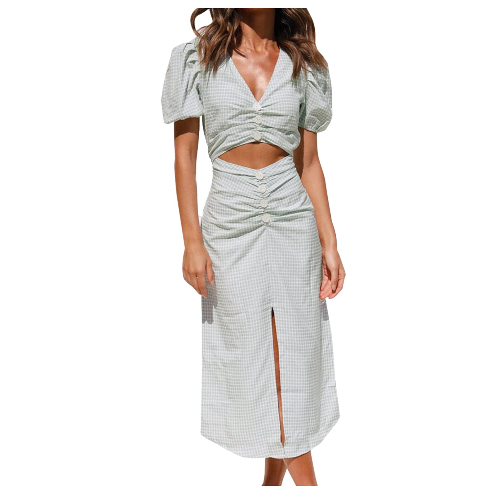 Sexy Women's Summer V-Neck Button Midi Swing Dress - Flattering Irregular Hem Short Sleeve Navel Dress for Beach, Party & Date Night Outfits