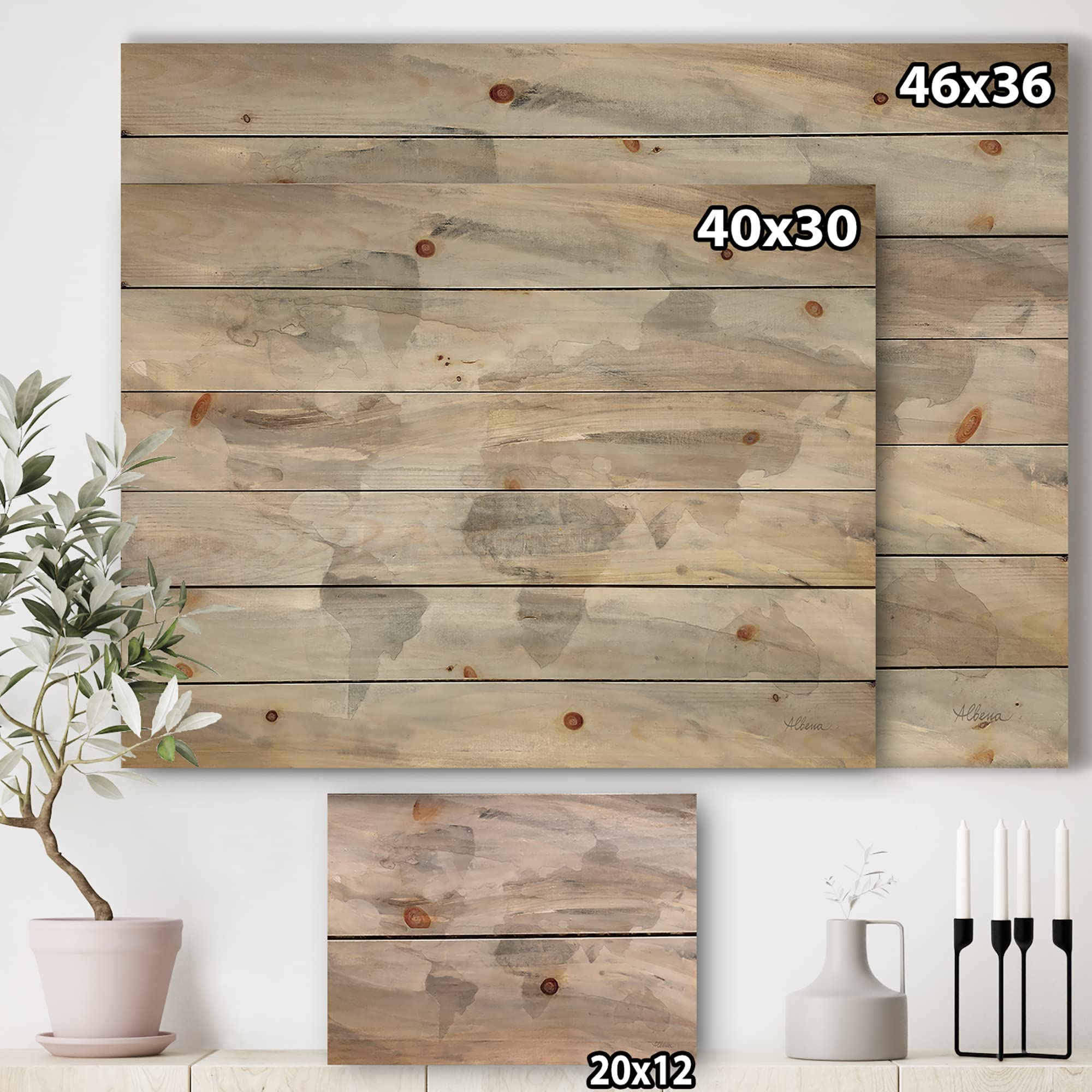 Misty World Map Wood Wall Art - Traditional Grey Wooden Wall Decor, Large Natural Pine Wood Panel with Printed Design | Perfect for Living Room, Bedroom & Office Decor