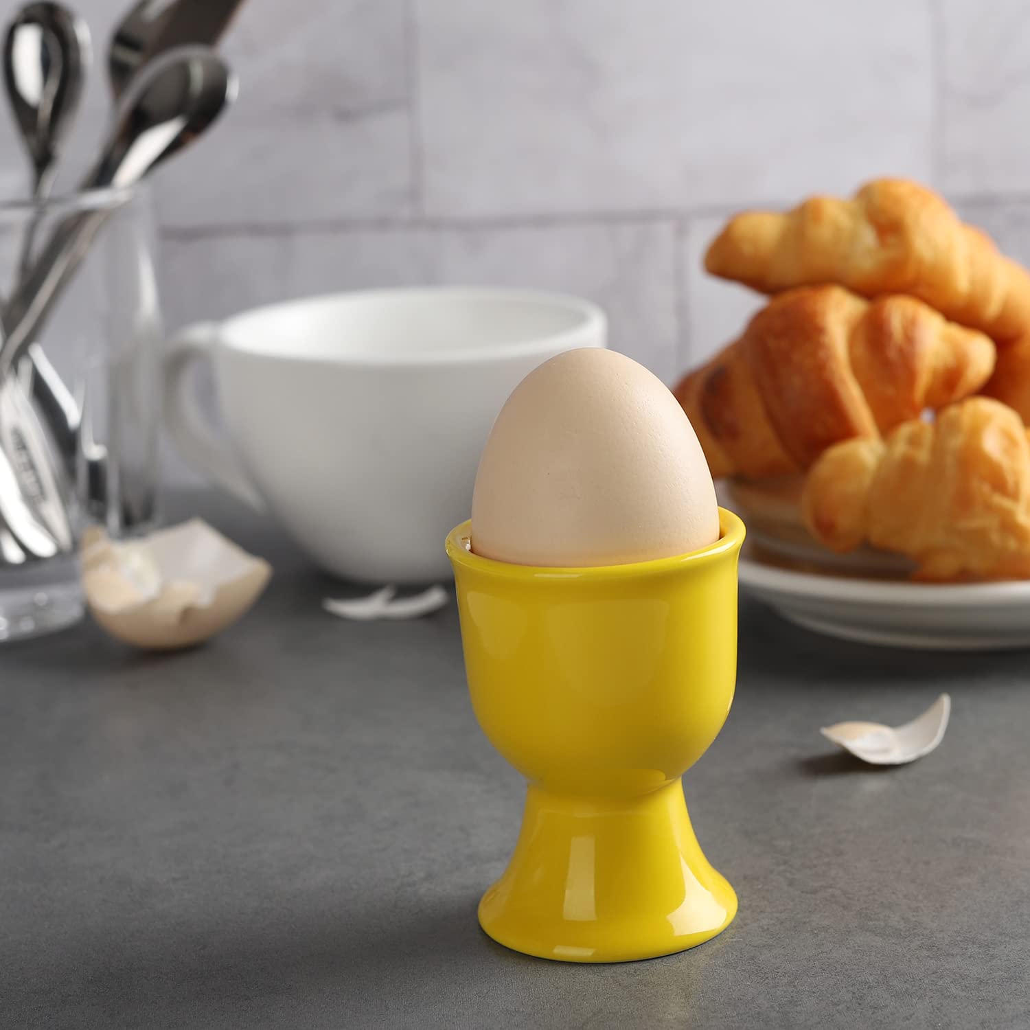 6-Piece Ceramic Egg Cup Set - Porcelain Egg Stand Holders for Soft & Hard Boiled Eggs - Perfect for Breakfast, Brunch & Kitchen Decor (Yellow)