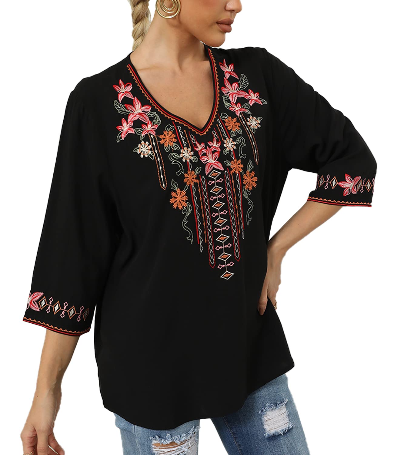 Higustar Women's Mexican Embroidered Bohemian Blouse - 3/4 Sleeve Peasant Top, Boho Tunic Shirt, Hippie Style Clothing for Festivals, Beach & Casual Wear