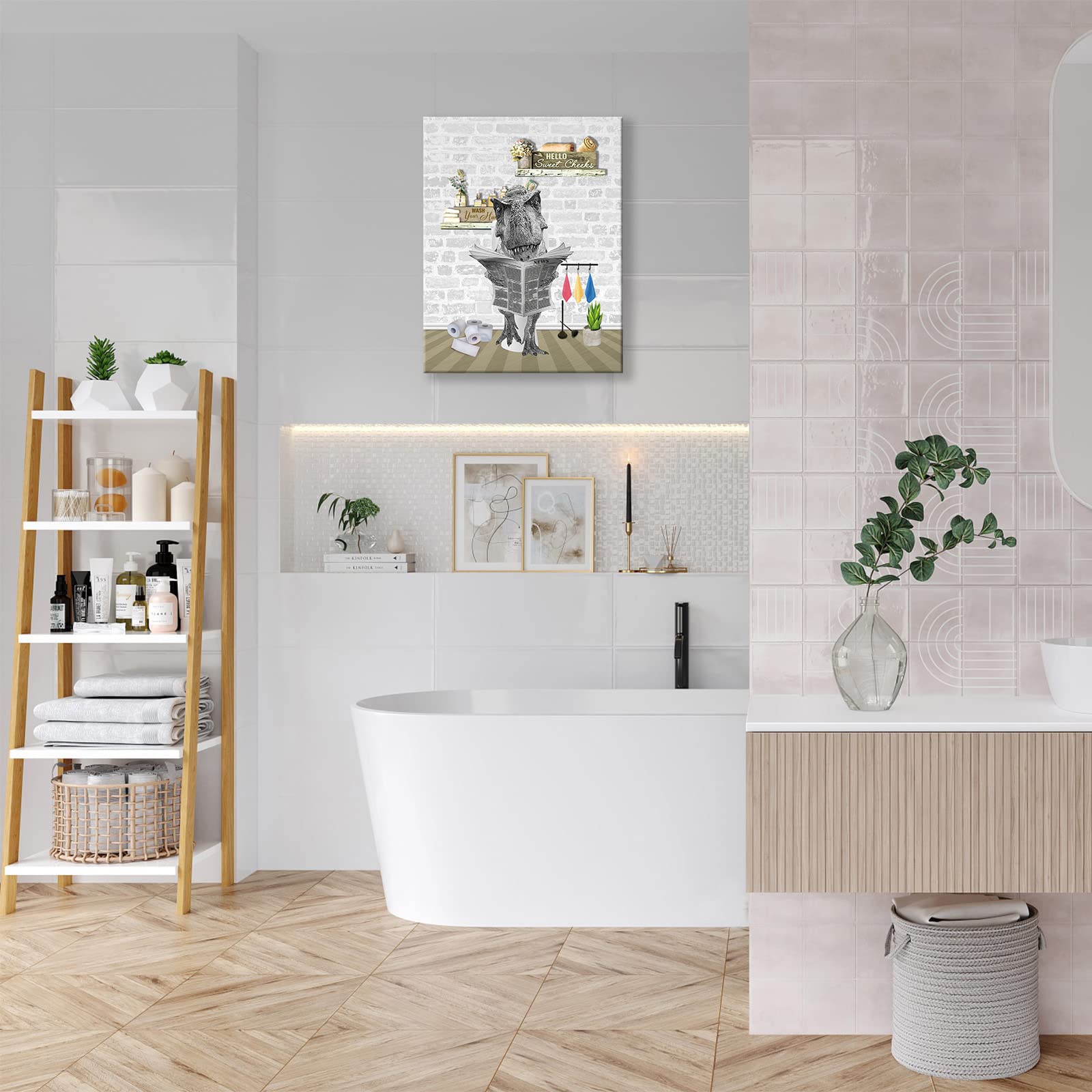 Funny Dinosaur on Toilet Canvas Wall Art - 16x20 Inch Framed Bathroom Decor Painting, Ready to Hang - Perfect for Bathroom, Kids Room & Dino Lover Gifts