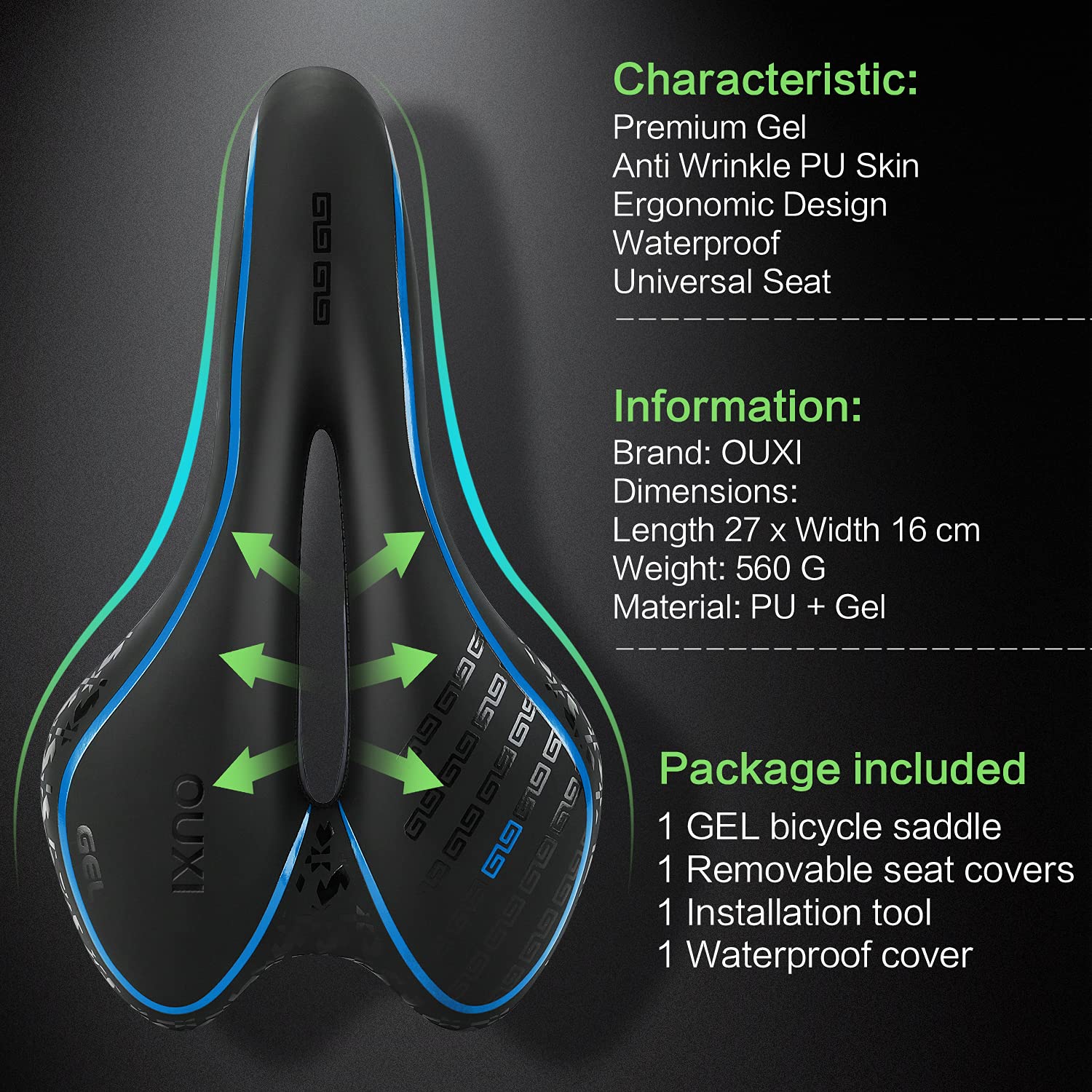 OUXI Comfort Bike Seat - Gel Cushioned Bicycle Saddle with Shock Absorption & Waterproof Cover - Universal Fit for MTB, Road & Exercise Bikes (Men & Women) - Perfect for Commuting, Cycling & Outdoor Adventures