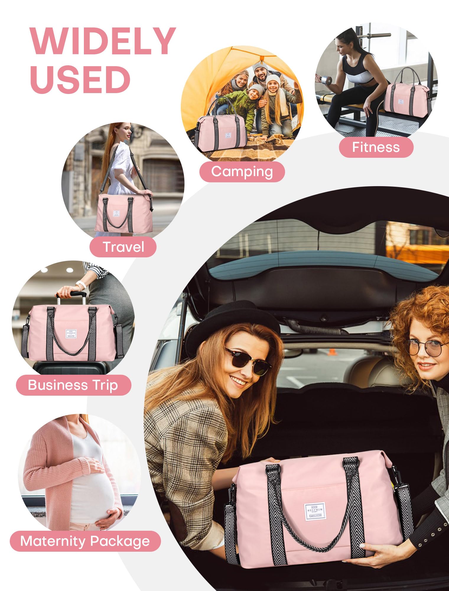 ESMNONA Women's Travel Duffle Bag with Multi-Pocket & Dry Wet Separation - 18x14x8 Inch Carry-On Bag for Airplane, Gym, Hospital & Weekend Trips - Includes Toiletry Bag - Perfect for Labor & Delivery, Workouts & Travel (Pink)