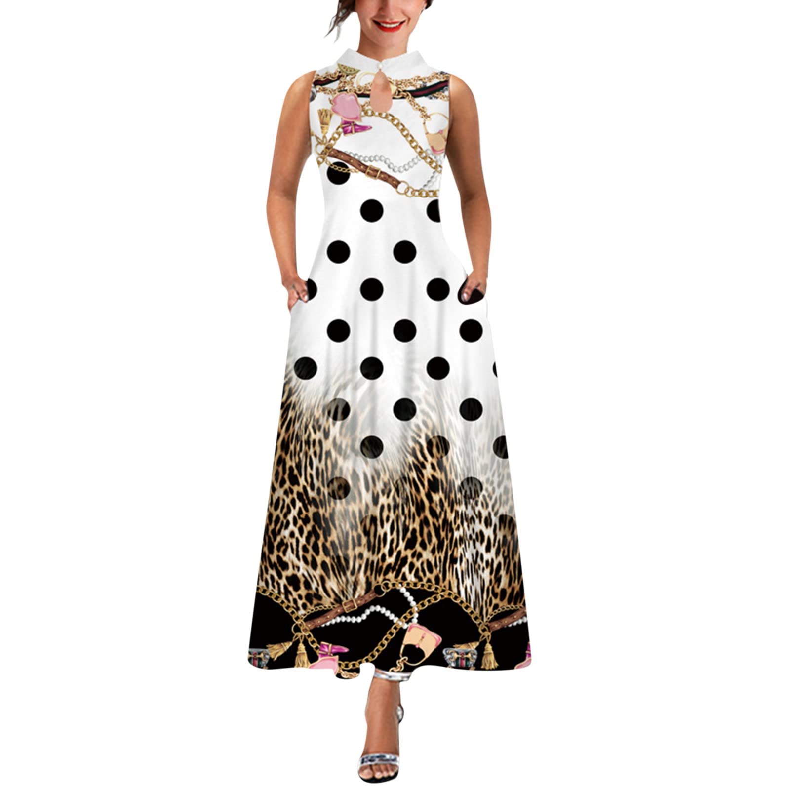 Women's Floral Print Sleeveless Maxi Dress - Boho Beach Sundress with Pockets, Stand Neck Loose Fit for Summer Vacation & Outdoor Activities