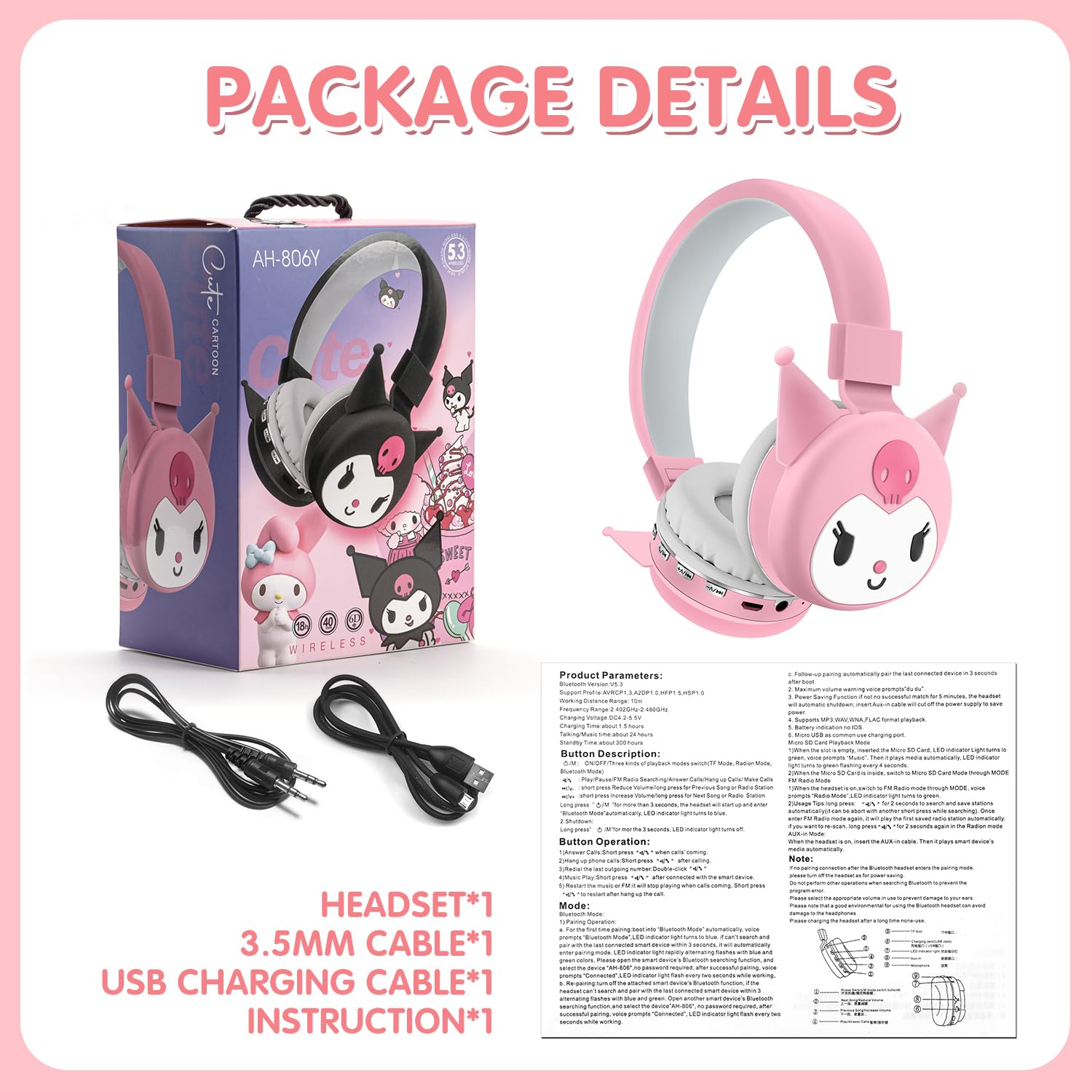 Wireless Kids Bluetooth Headphones with Microphone - Over Ear Noise Cancelling Headphones for Boys & Girls, Cute Toddler Headset with TF Card Slot - Perfect for School, Travel, Phone & Tablet Use (Pink)