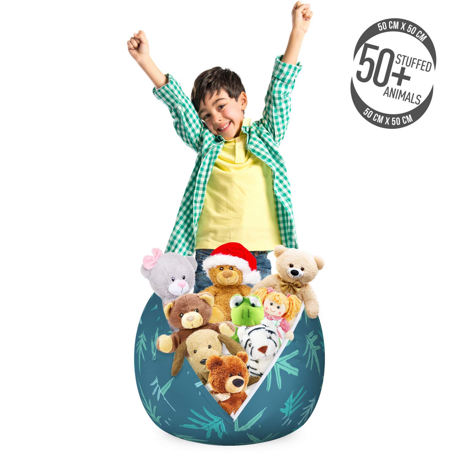 Ambesonne Leaf Pattern Toy Storage Bag Chair - Abstract Exotic Foliage Design, Washable Stuffed Animal Organizer, Small Size Dark Turquoise Seafoam - Perfect for Kids' Room, Nursery, or Playroom Organization
