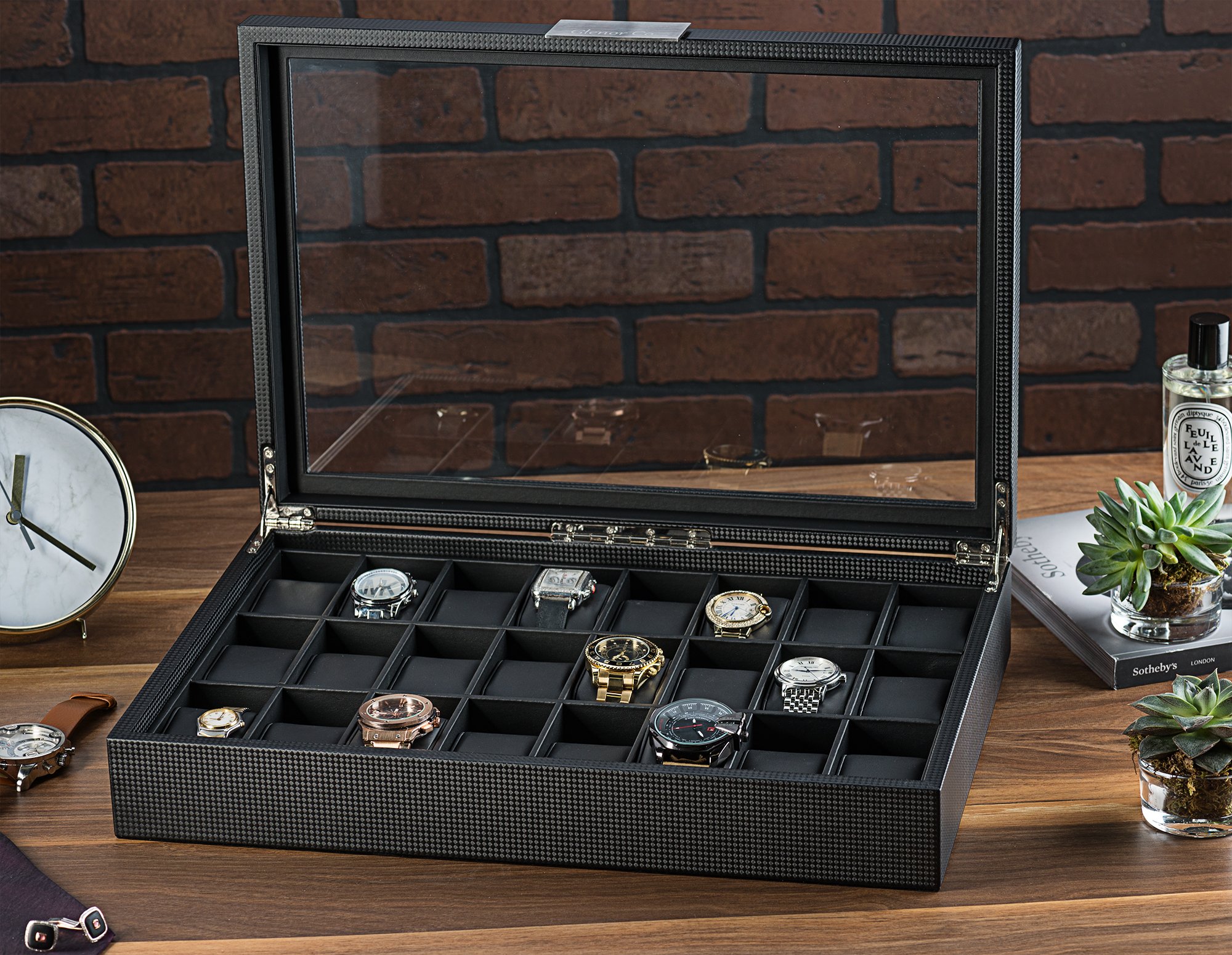Premium 24-Slot Luxury Watch Box for Men - Carbon Fiber Design Watch Case Organizer with Glass Top & Metal Buckle - Perfect for Jewelry Watch Storage & Display - Ideal for Home, Office, and Travel Use