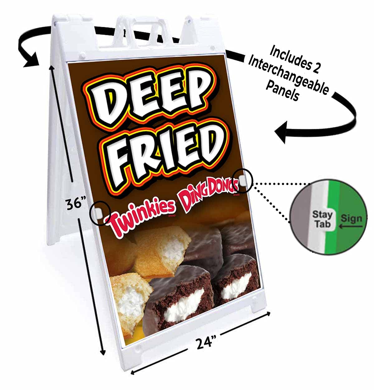 Deluxe 24x36 Inch Deep Fried Snack Cake A-Frame Sidewalk Sign with 2 Removable Panels & Stand - Perfect for Bakery, Cafe, and Restaurant Advertising