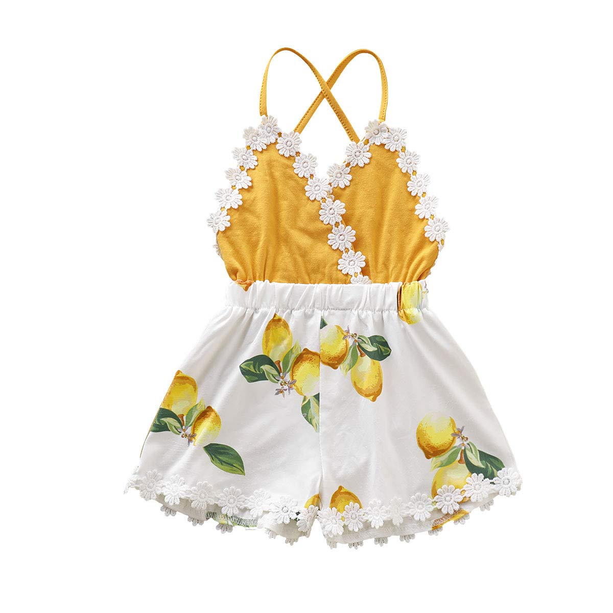 Newborn Baby Girl Sunflower Romper - Lemon Lace Strap Backless Bodysuit Jumpsuit Outfit | One-Piece Summer Clothes for Photoshoots & Outdoor Play