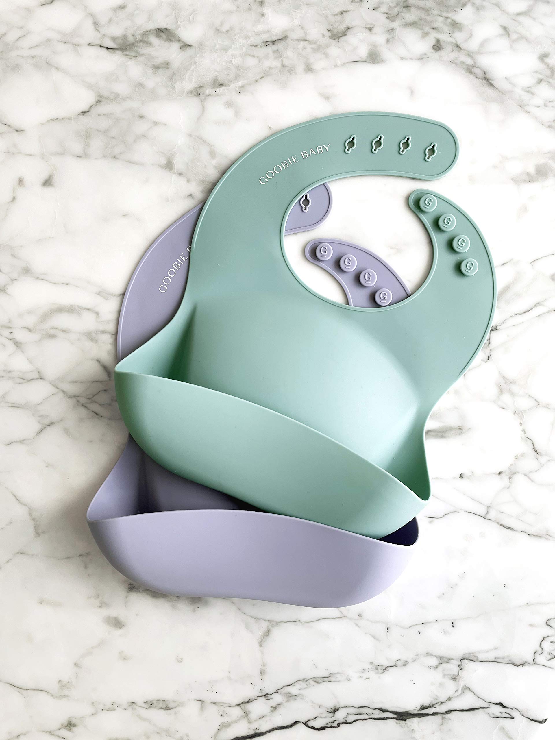 **Adjustable Waterproof Silicone Baby Bib with Food Catcher - Soft & Easy Clean Feeding Bib for Infants & Toddlers 4-36 Months (Girl & Boy) - 2 Pack (Sea Glass/Lilac) - Perfect for Messy Meals & On-the-Go Feeding**