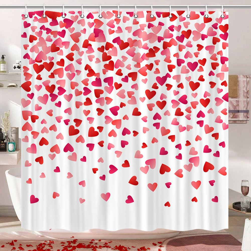 JAWO Valentine's Day Shower Curtain Set - 70x70 Inch Watercolor Falling Red Hearts Design with Fabric Hooks - Romantic Bathroom Decor for Couples, Anniversary & Wedding Gifts - Perfect for Master Bath, Guest Bath & Love-Themed Home Decor