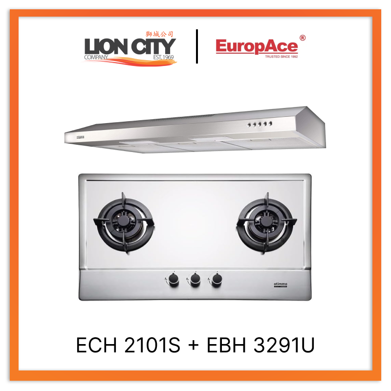 Europace ECH2101S 90cm Stainless Steel Slim Range Hood + EBH3291U Otimmo 2 Burner 90cm Stainless Steel Cooktop - Perfect for Modern Kitchen Ventilation and Cooking