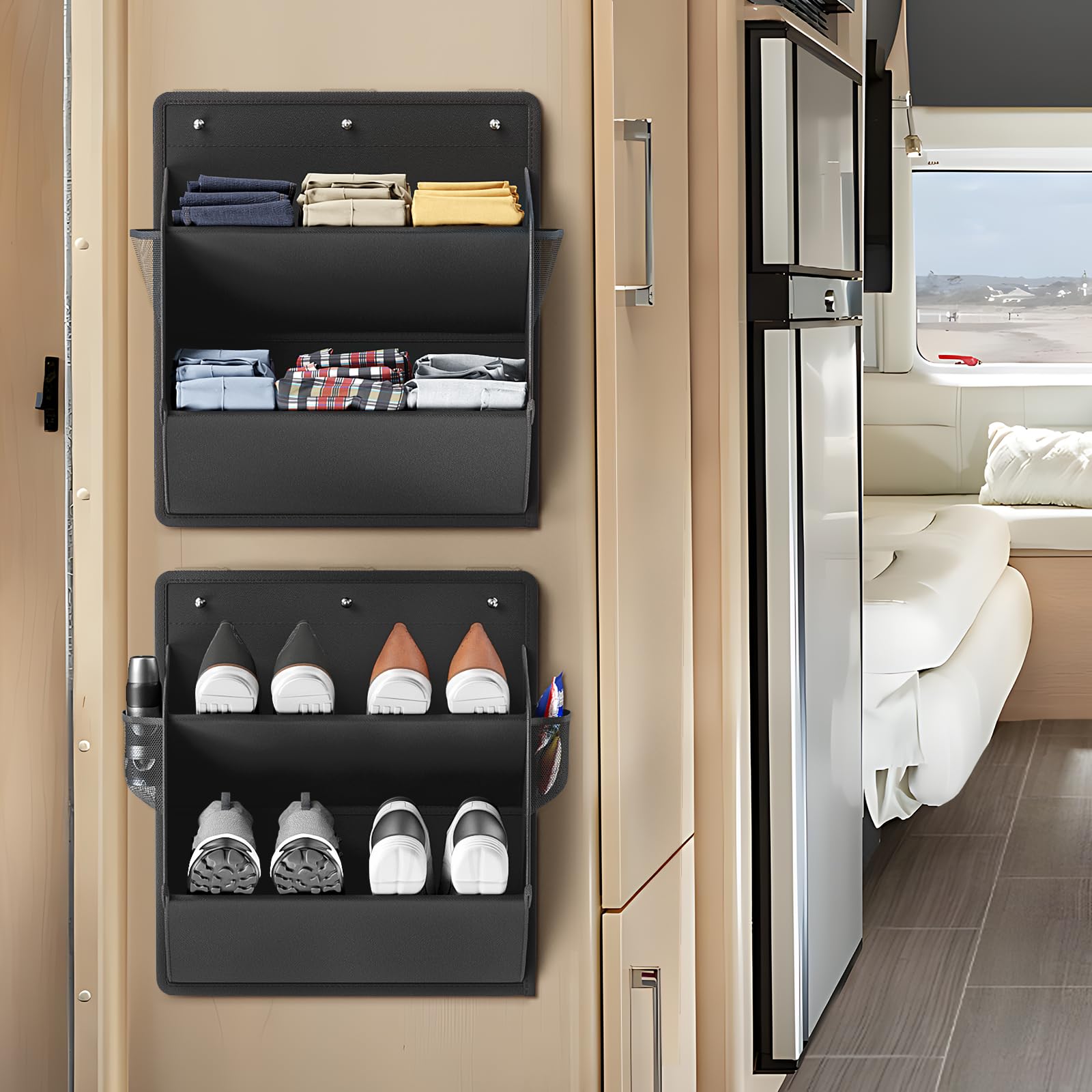 2 Pack RV Shoe Organizer with Sticky Adhesive Tape - Over The Door Hanging Shoe Rack with Deep Pockets for Campers, Space Saving Wall Mounted Closet Storage for Small Spaces - Perfect for RV, Dorm, Apartment & Closet Organization (Black)