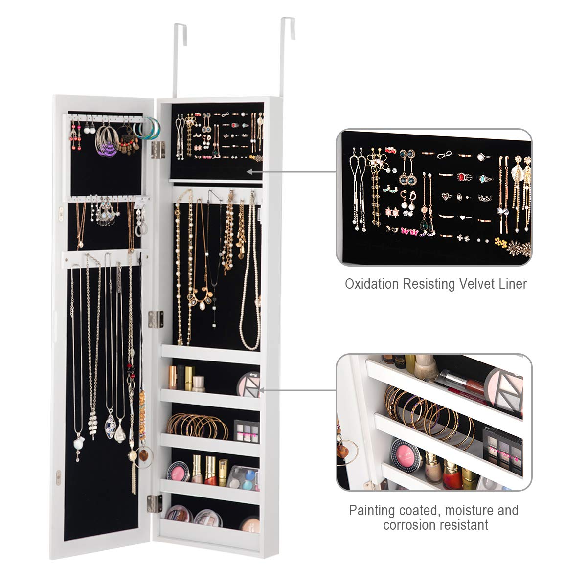 Giantex Jewelry Cabinet Armoire with Full Length Mirror - Wall Mounted Jewelry Organizer with 5 Storage Shelves for Bracelets, Rings & Cosmetics | Perfect for Bedroom, Closet & Dressing Room Organization