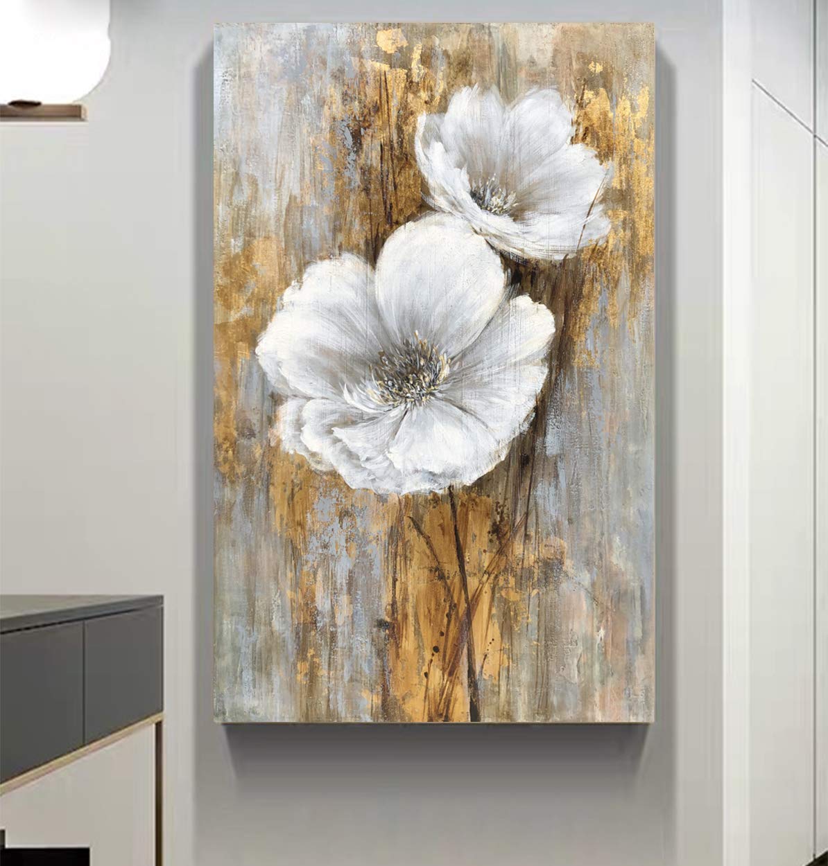 Hand Painted Lily Bouquet Oil Painting with Gold Foil - White Floral Wall Art for Bedroom Decor | Elegant Home & Office Wall Decor | Perfect Gift for Housewarming & Wedding