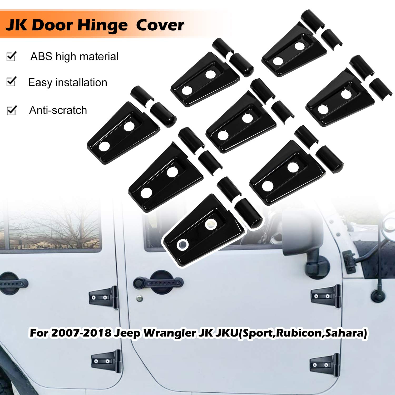 2007-2018 Jeep Wrangler JK JKU 2&4 Door Exterior Door Hinge Cover Trim - 8PCS Black Accessories for Off-Road & Daily Driving Protection