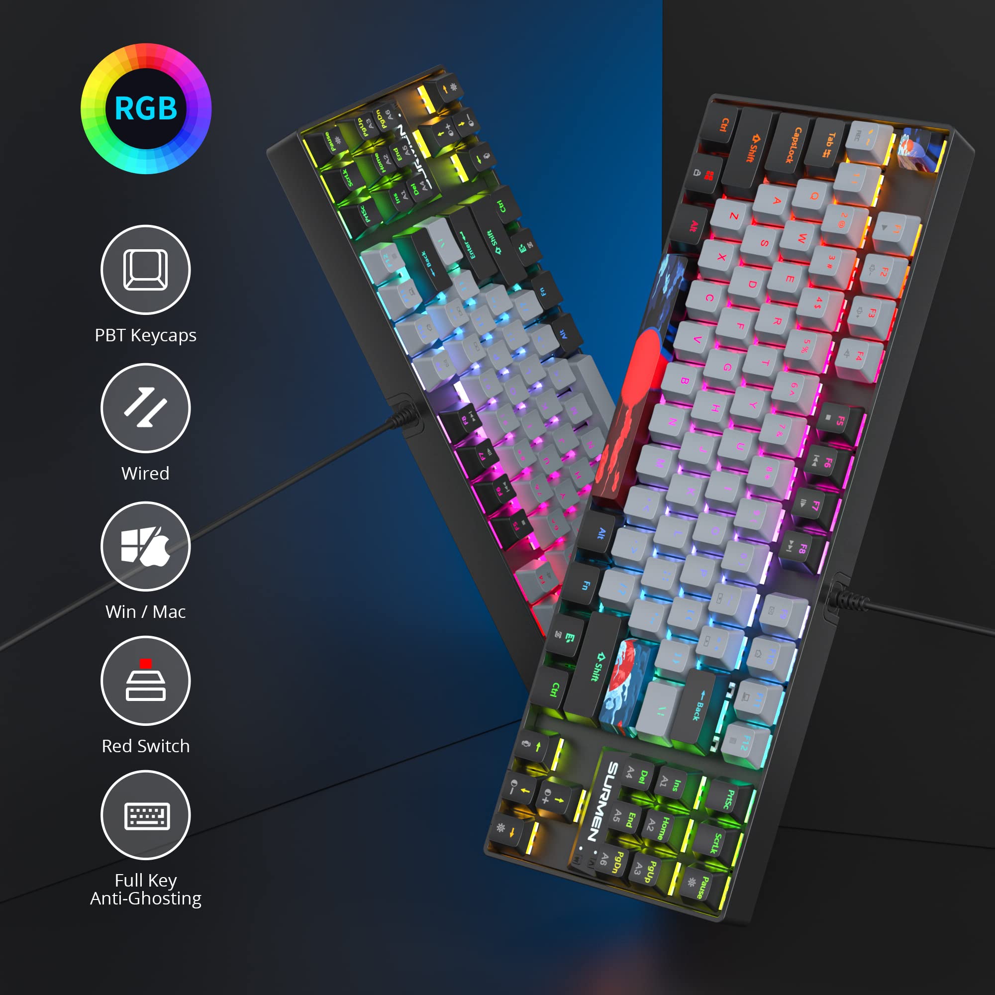 75% Mechanical Gaming Keyboard with Red Switch, RGB Backlit - Compact 87 Keys for PC & Console Gaming