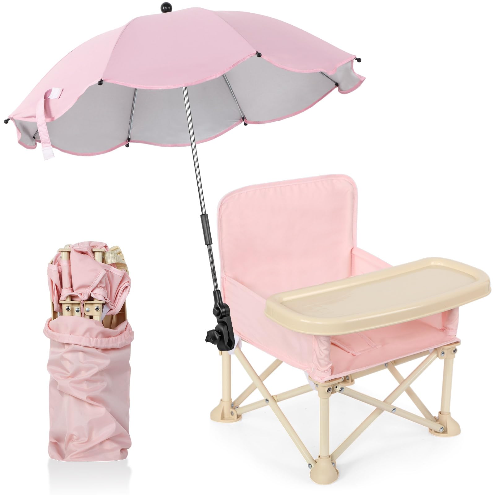 Portable Baby Beach Chair with Umbrella & Tray - Compact Folding Travel Booster Seat for Outdoor Dining, Camping & Beach Trips - Includes Storage Bag & Backrest Pocket - Perfect for Toddlers at Picnics, Parks & Family Vacations