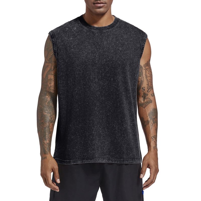 Men's Cotton Workout Tank Top - Sleeveless Muscle Shirt with Acid Wash | Gym, Running & Beach Wear | Loose Fit Breathable Tee for Active Lifestyle