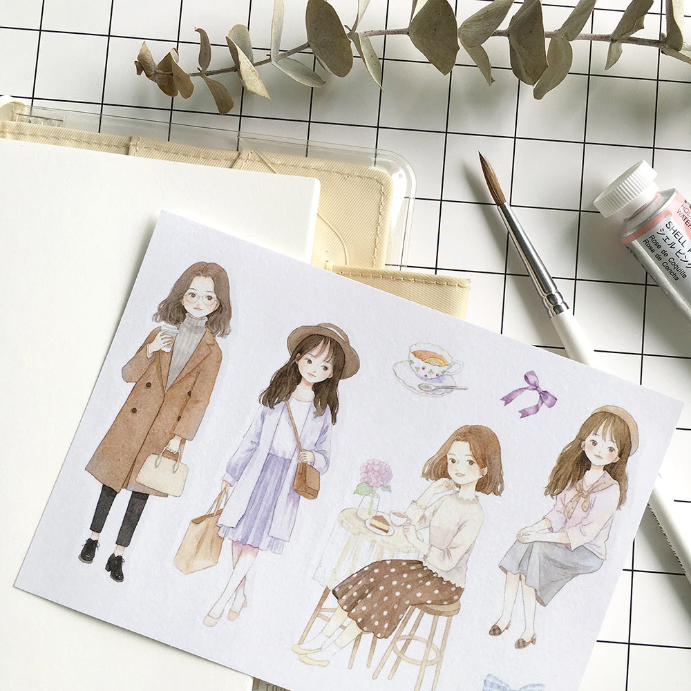 Gentle Whisper Girl Sticker Sheet A6 (Set of 4) - Cute Kawaii Decals for Planners, Journals, Scrapbooks & DIY Crafts
