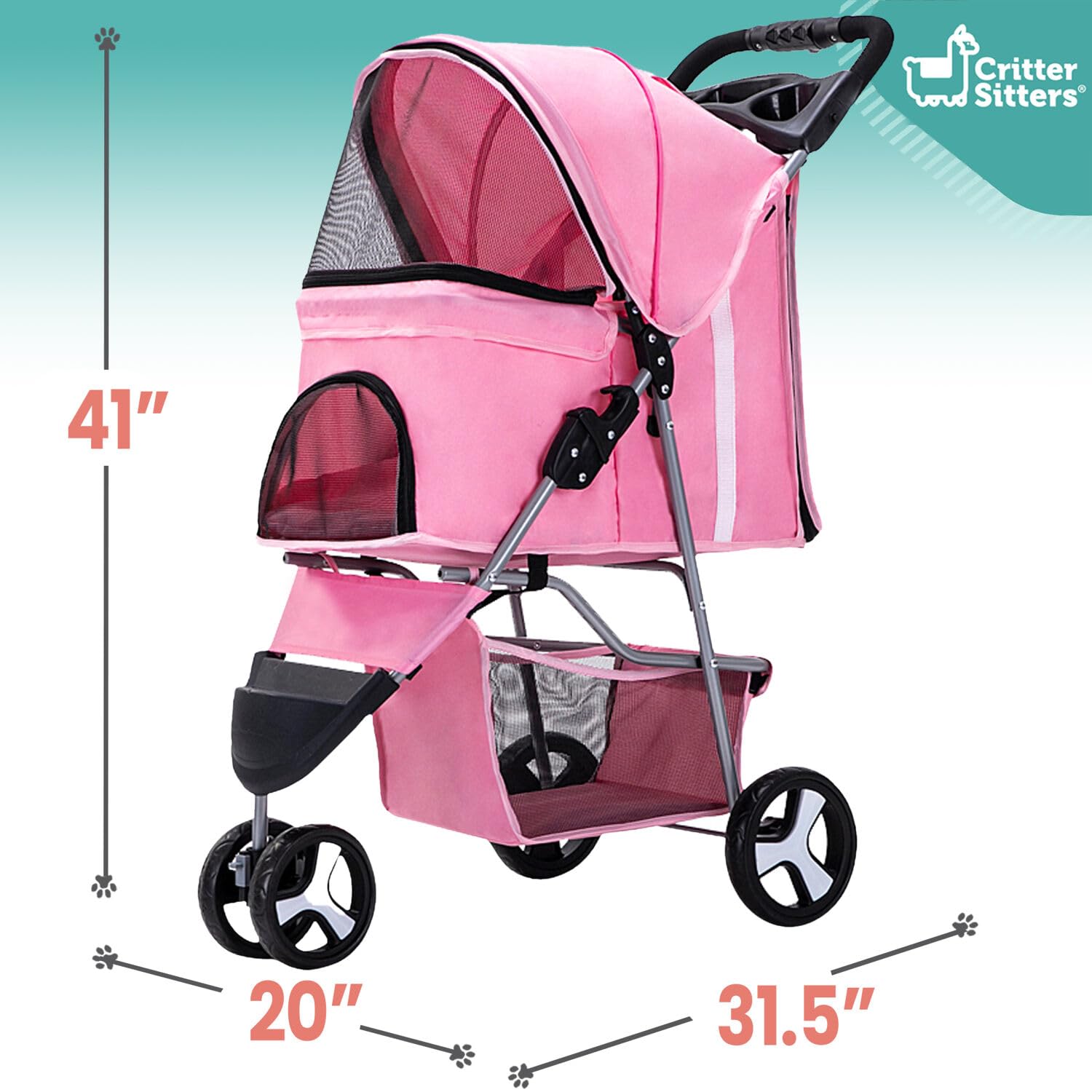 Critter Sitters 3-Wheel Jogging Dog Stroller - Lightweight Pet Stroller for Medium Dogs & Cats Up to 33lbs with Storage Basket & Cup Holders - Perfect for Running, Walking, Shopping & Outdoor Adventures (Pink)